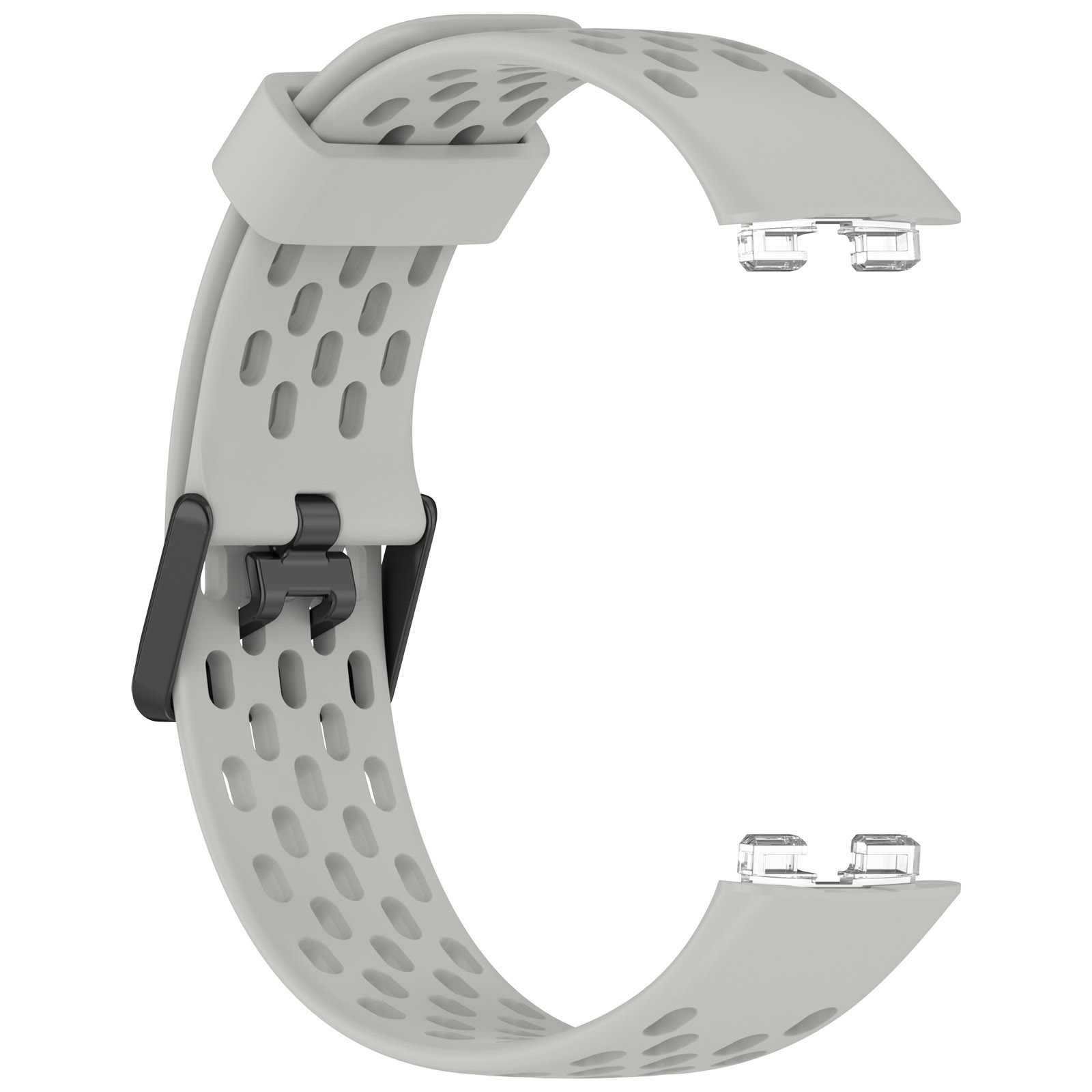 Cinturino grigio chiaro con molti fori, isolato su sfondo bianco.