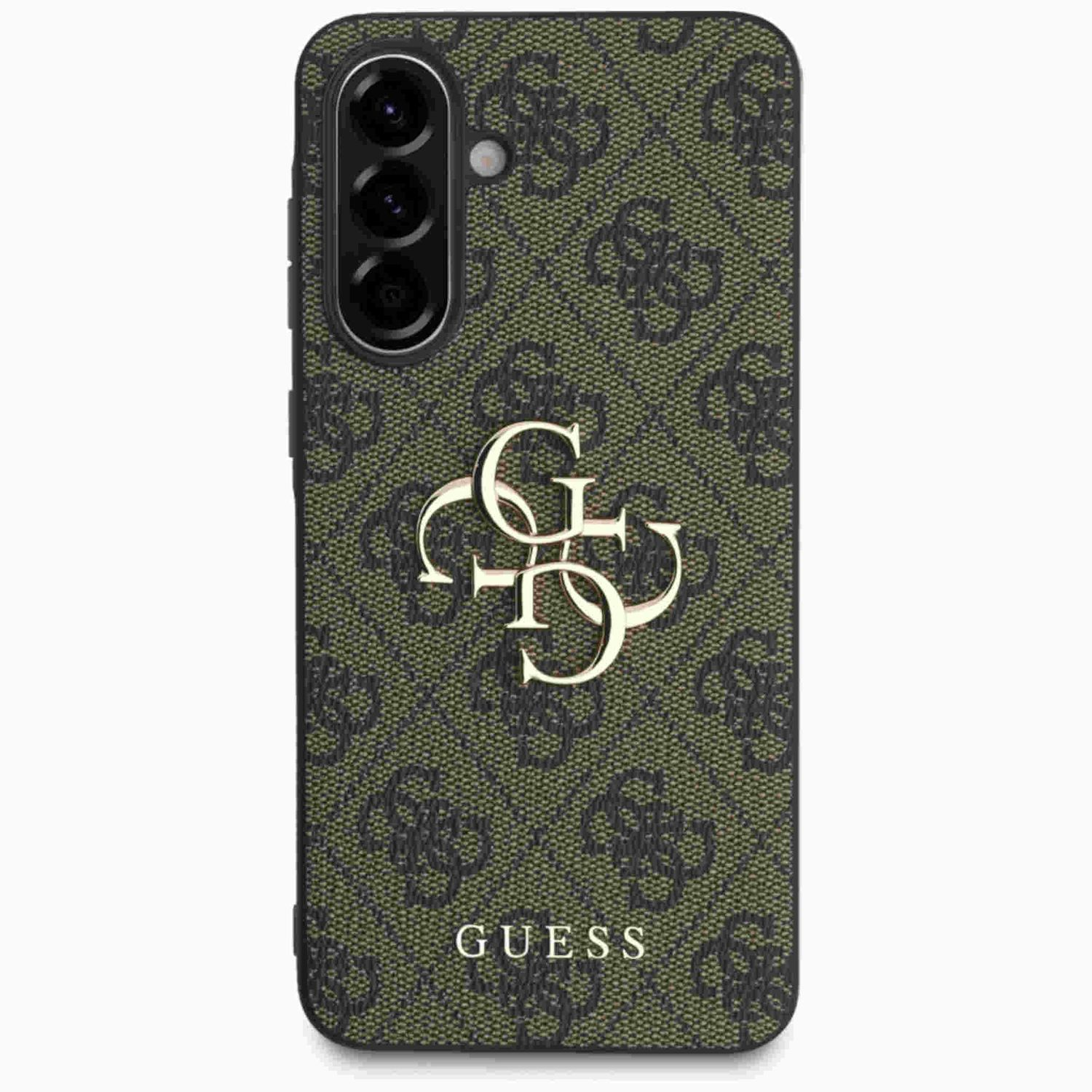 Etui na telefon z zielonym wzorem i złotym logo Guess.