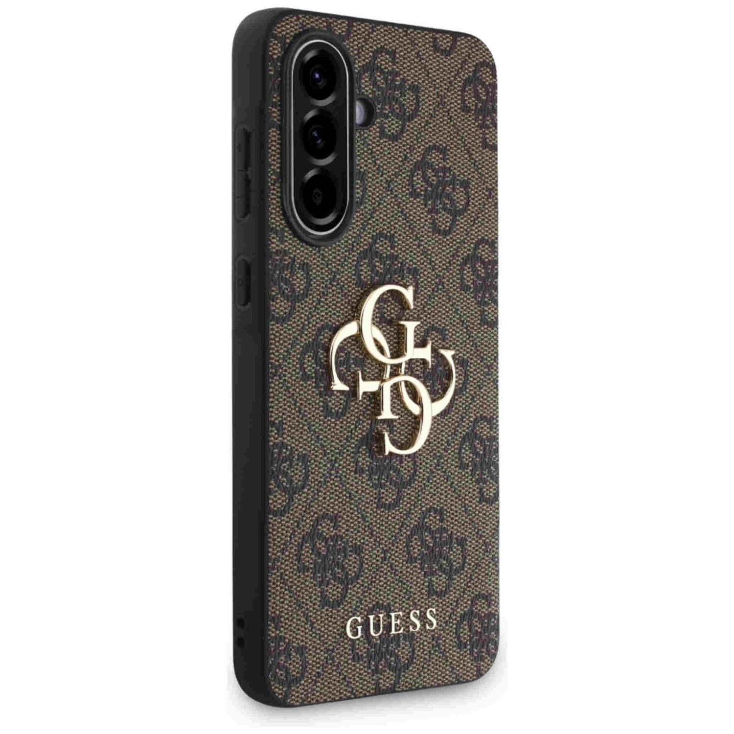 Brązowe i czarne etui na telefon z logo 'GUESS' w kolorze złotym.