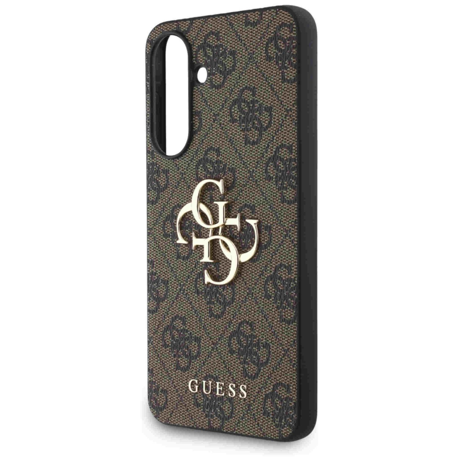 Etui na telefon z wzorem logo GUESS, na białym tle.