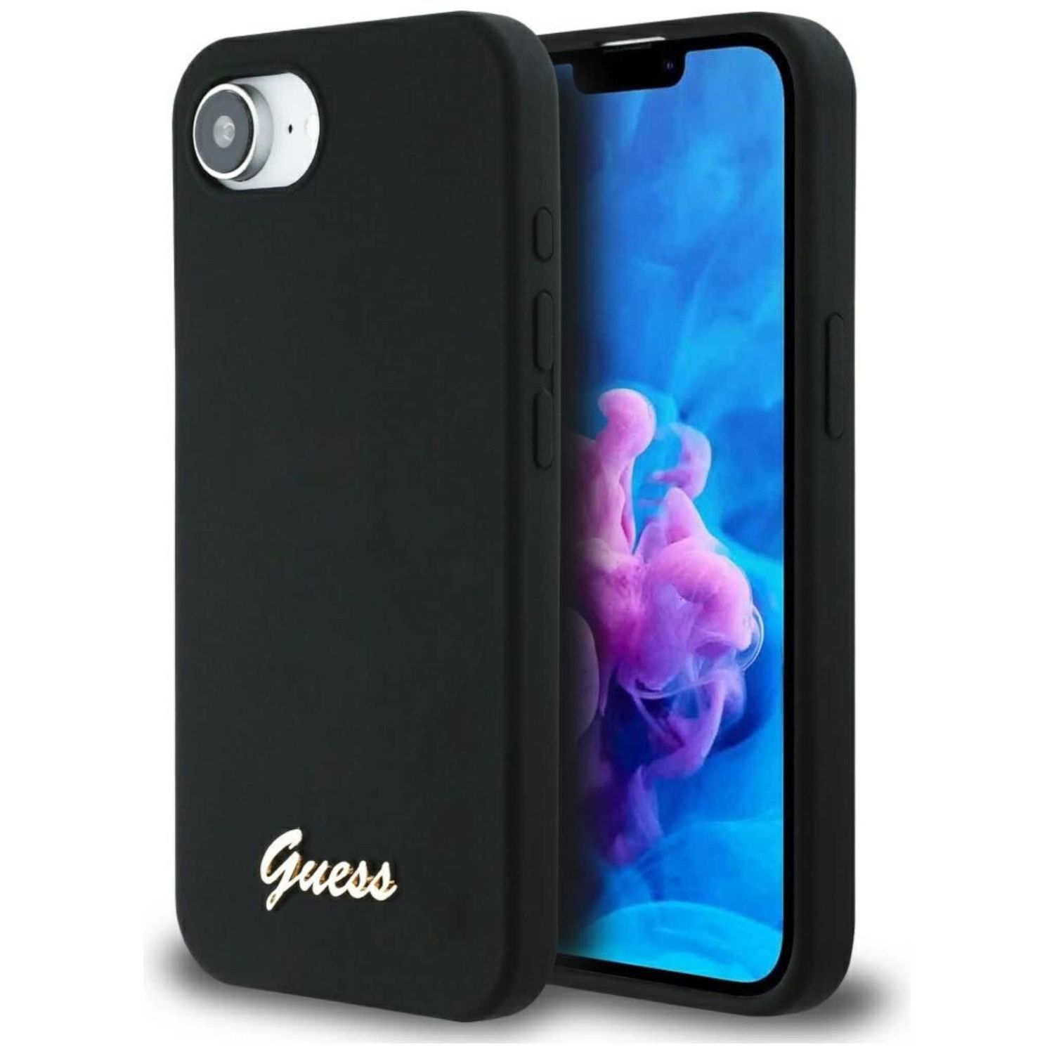 Custodia per telefono nera con logo Guess, telefono visibile. Sfondo nero.