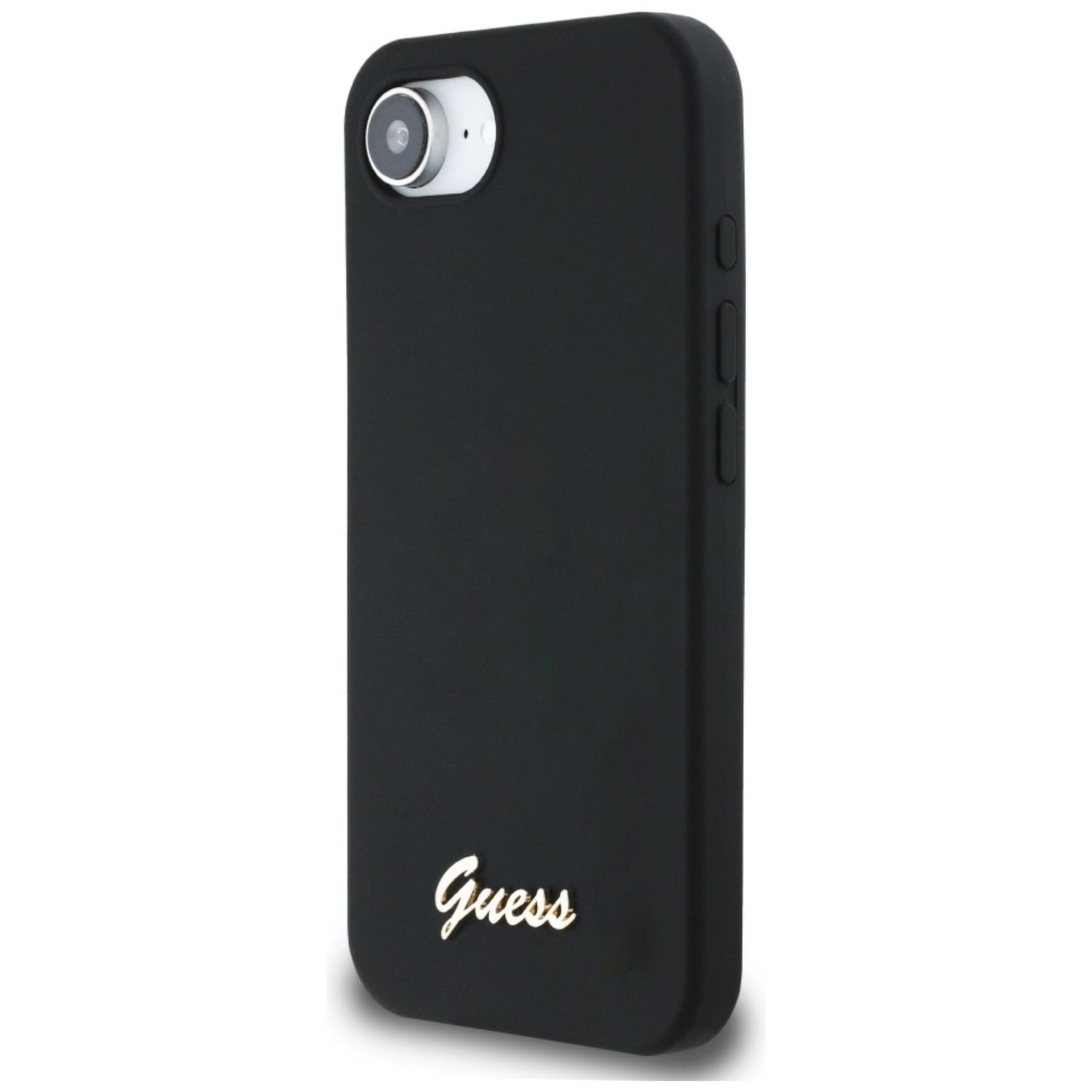 Custodia nera Guess con logo Guess dorato. Obiettivo della fotocamera visibile. Lo sfondo è bianco.