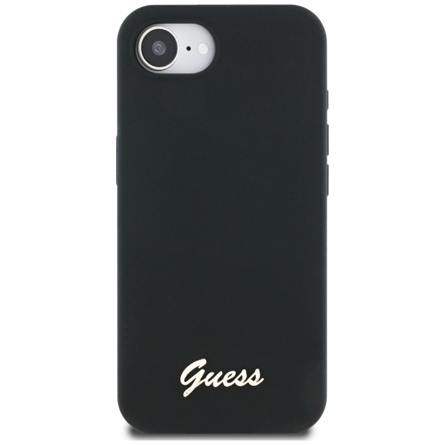 Una custodia per telefono nera con il logo Guess in oro nella parte inferiore. La custodia è nera.