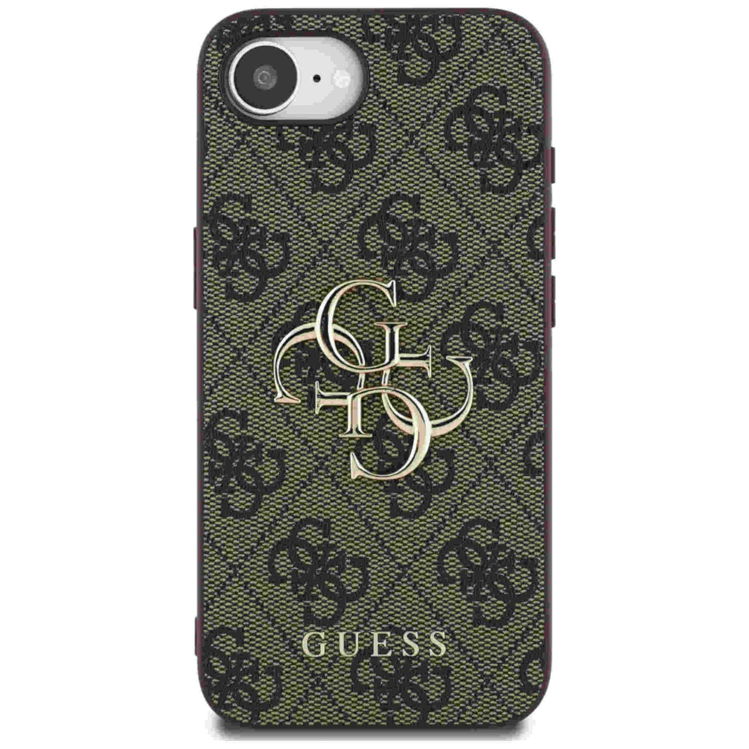 Handyhülle mit Guess-Logo. Grün-braunes Muster, goldenes Logo. Die Hülle bedeckt das Telefon.