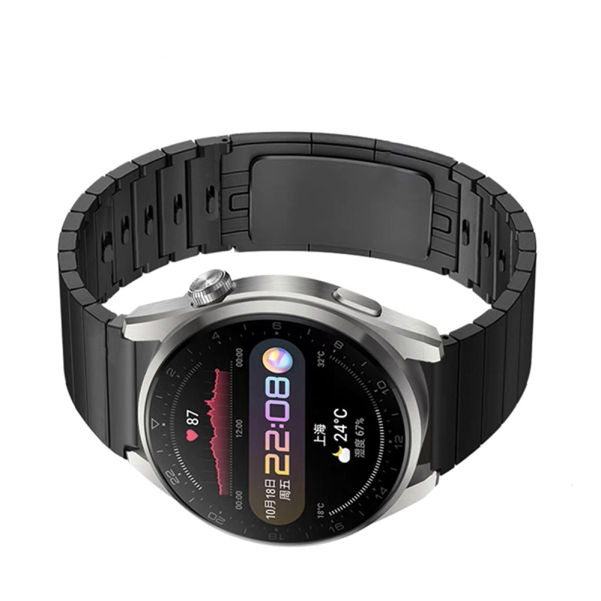 Smartwatch mit schwarzem Metallarmband, zeigt Zeit und Gesundheitsdaten an.