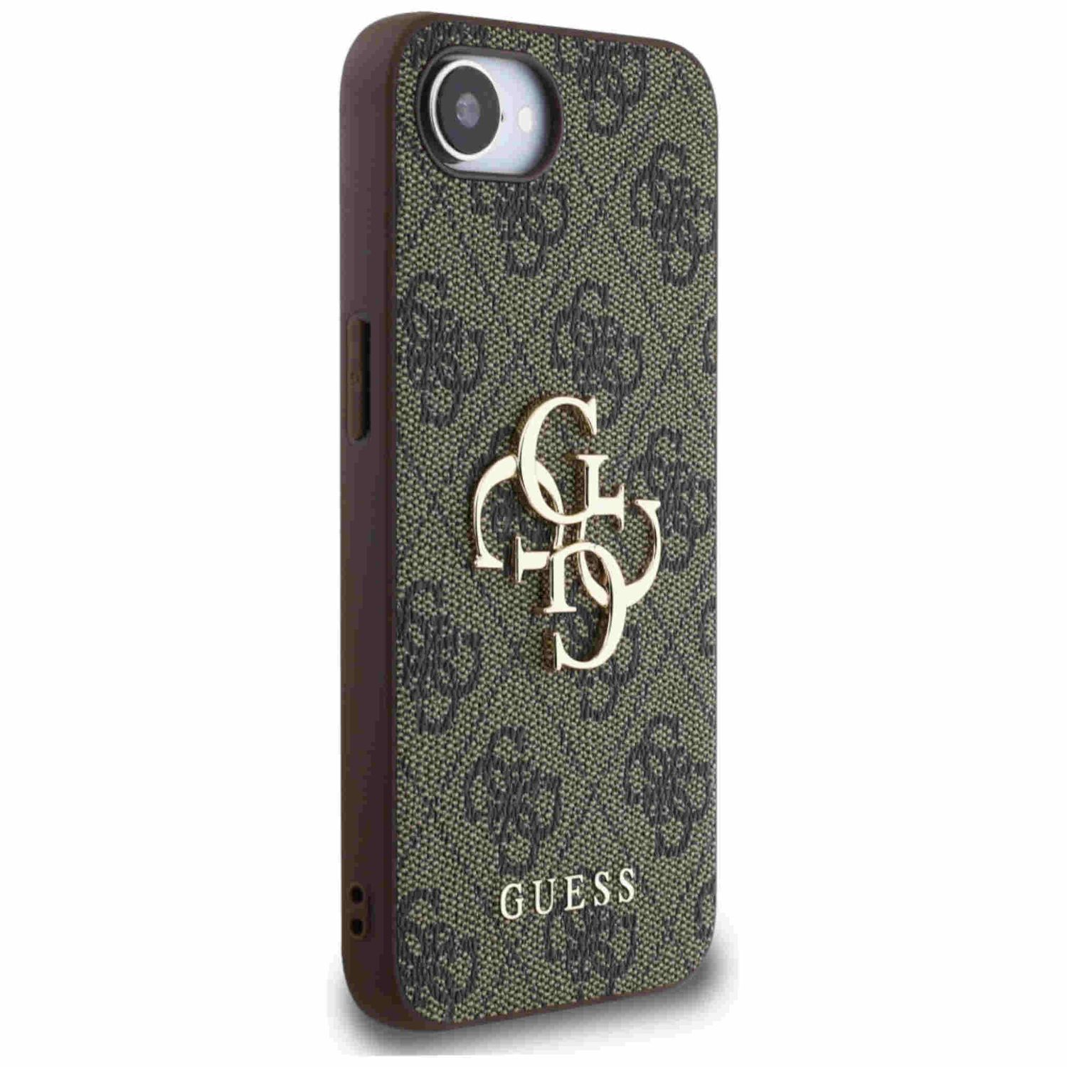 Eine Handyhülle mit Guess-Logo. Die Hülle ist braun und olivgrün mit einem sich wiederholenden Muster.