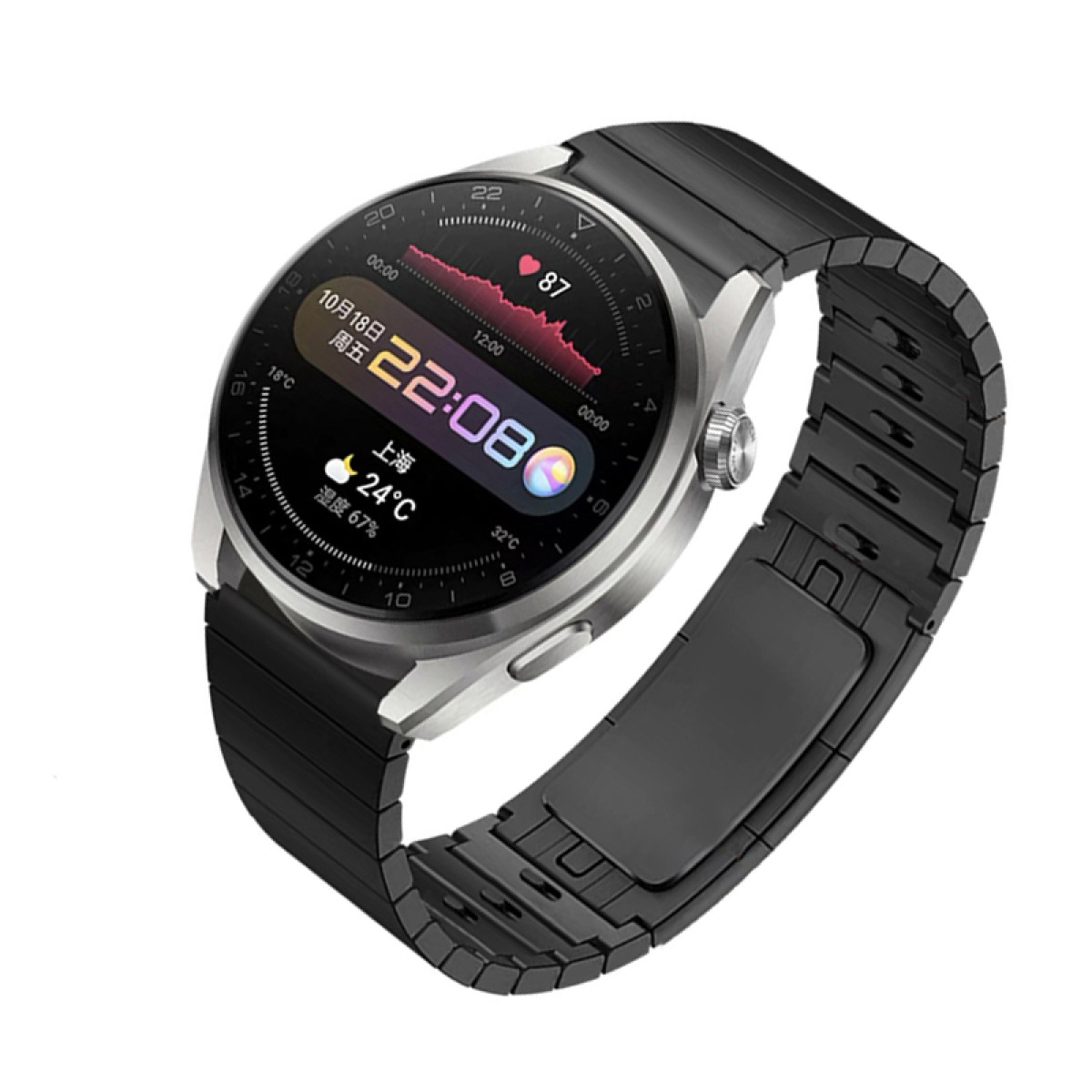 Smartwatch mit schwarzem Armband, das Zeit, Herzfrequenz und Temperatur anzeigt. Weißer Hintergrund.