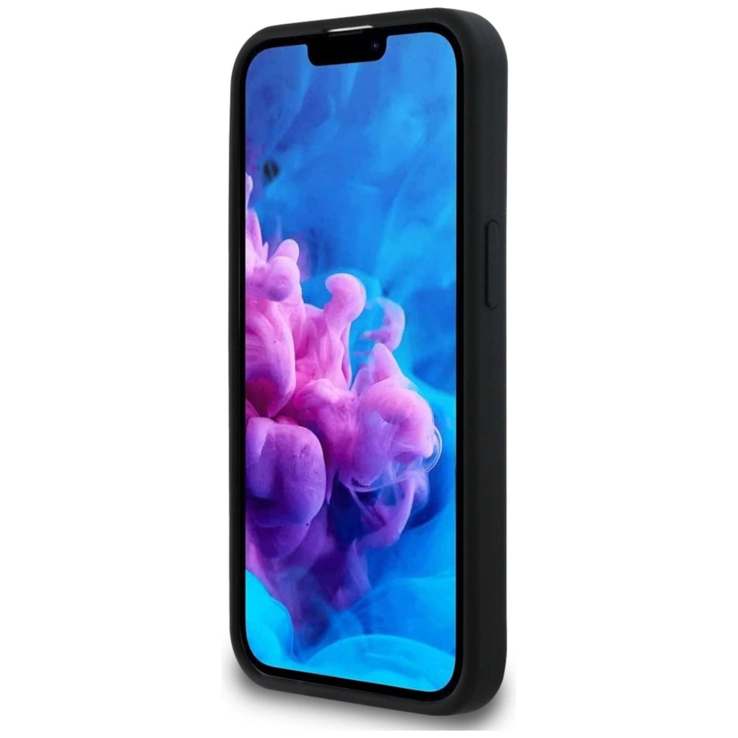 Una custodia nera per telefono con un telefono all'interno. Il telefono ha uno sfondo colorato blu e rosa.