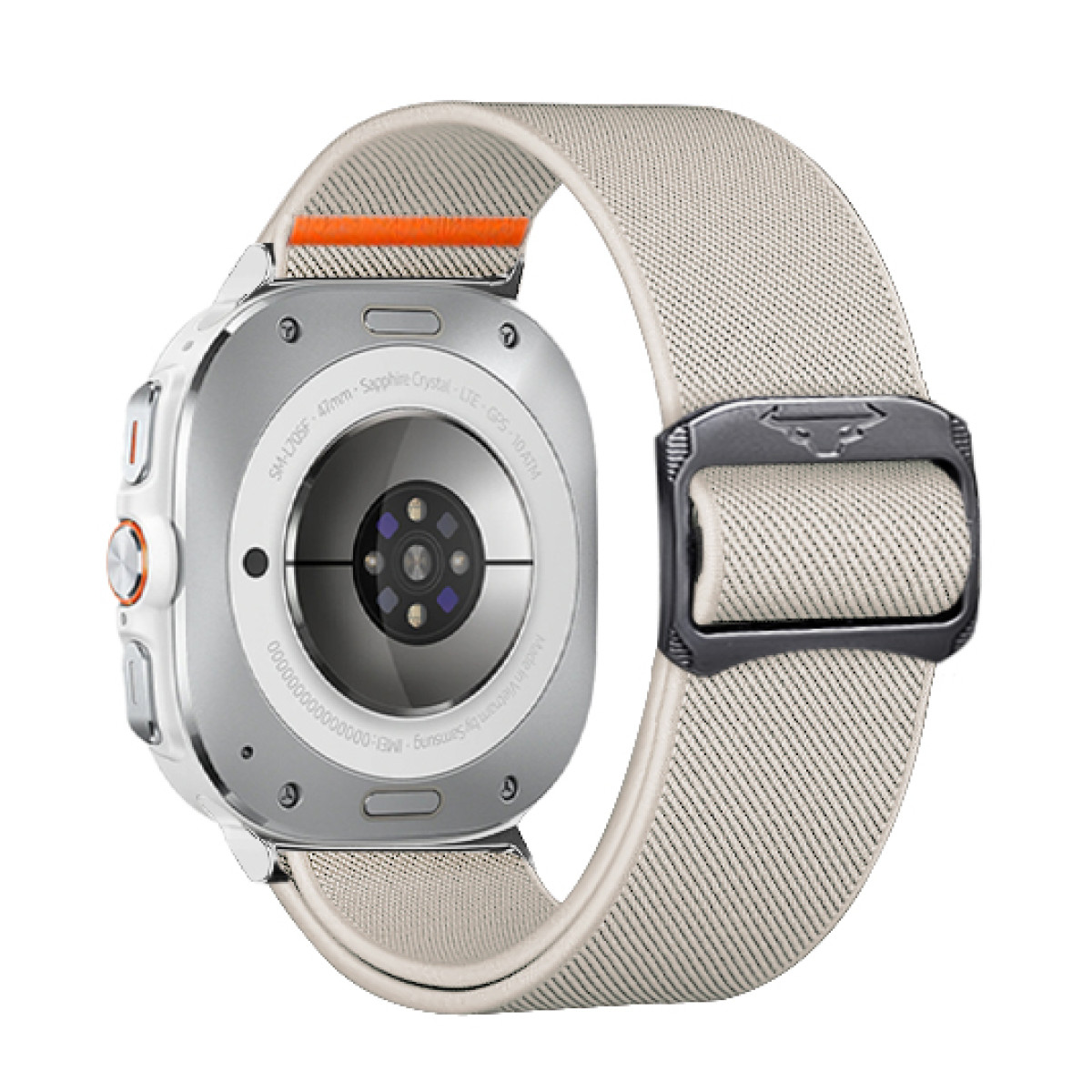 Uno smartwatch bianco con cinturino beige, fibbia nera e un sensore di frequenza cardiaca.