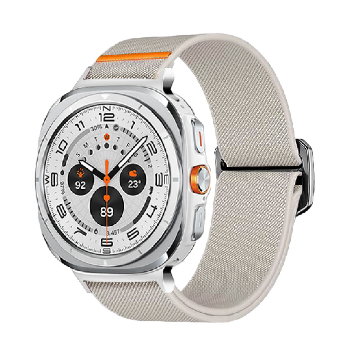 Smartwatch su sfondo bianco. L'orologio ha una cassa argentata e un cinturino grigio chiaro con dettagli arancioni.