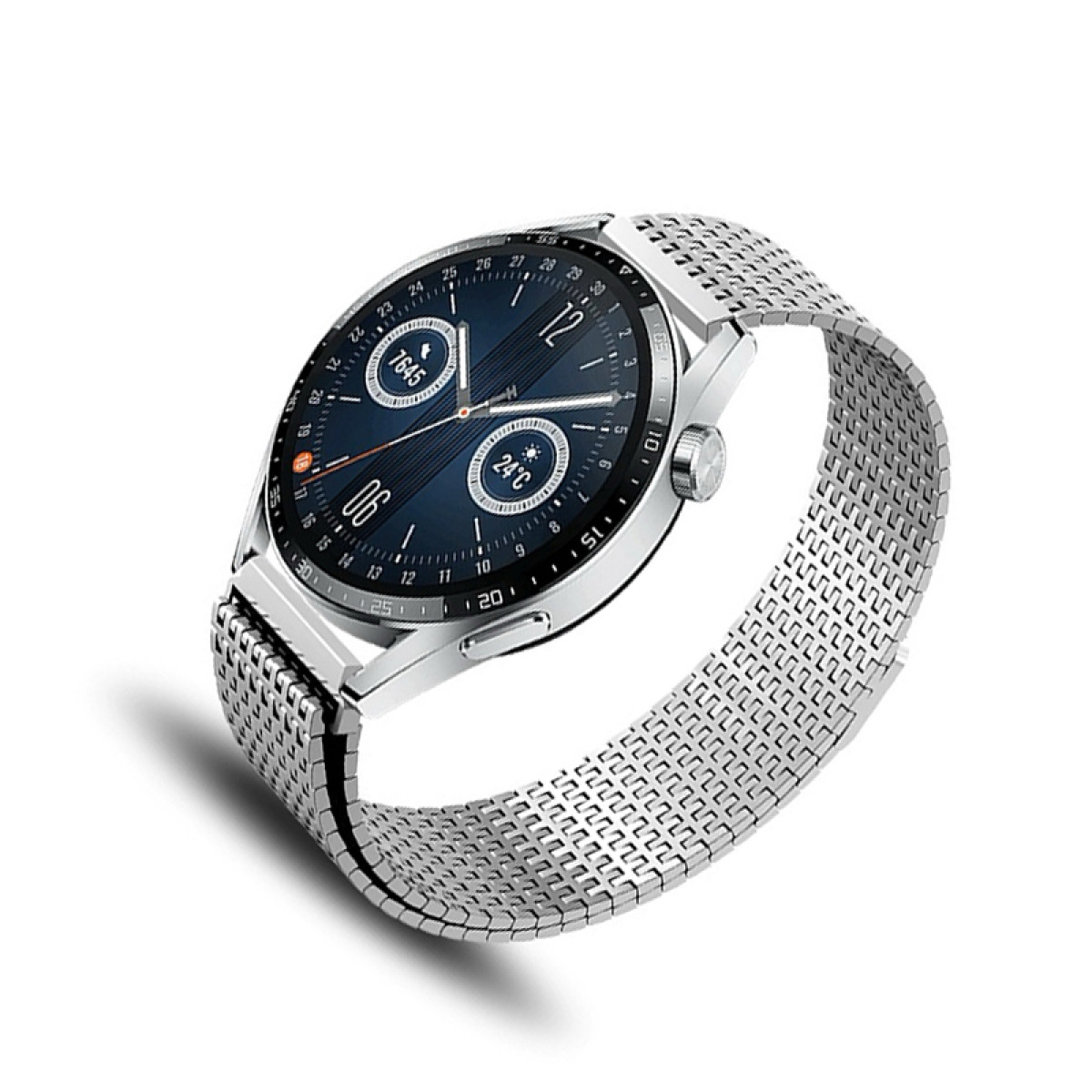 Silberne Smartwatch mit Metallarmband auf weißem Hintergrund.