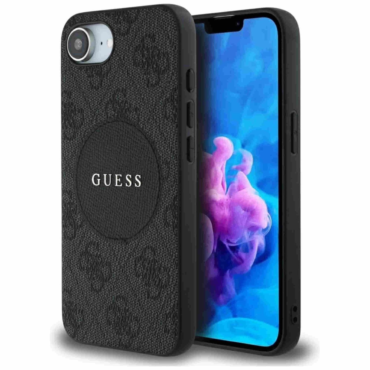 Schwarze Handyhülle mit Guess-Logo und ein Handy mit farbenfrohem Bildschirm.