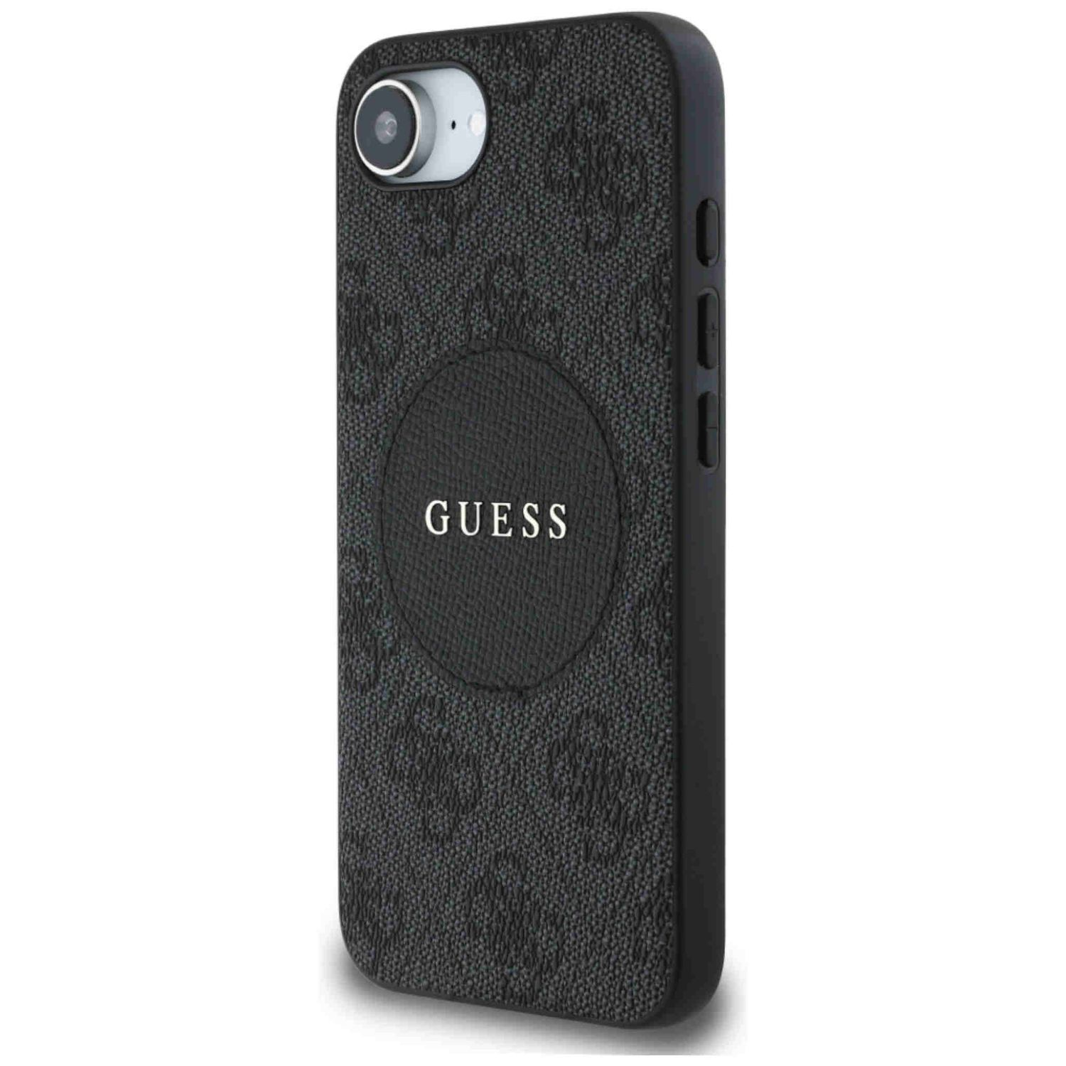 Eine schwarze Handyhülle mit GUESS-Logo auf der Rückseite und einem Kamera Loch.