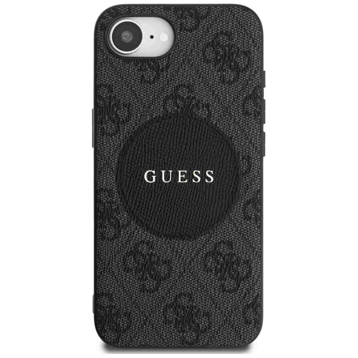Schwarze Handyhülle mit GUESS-Logo und sich wiederholendem Logomuster auf weißem Hintergrund.