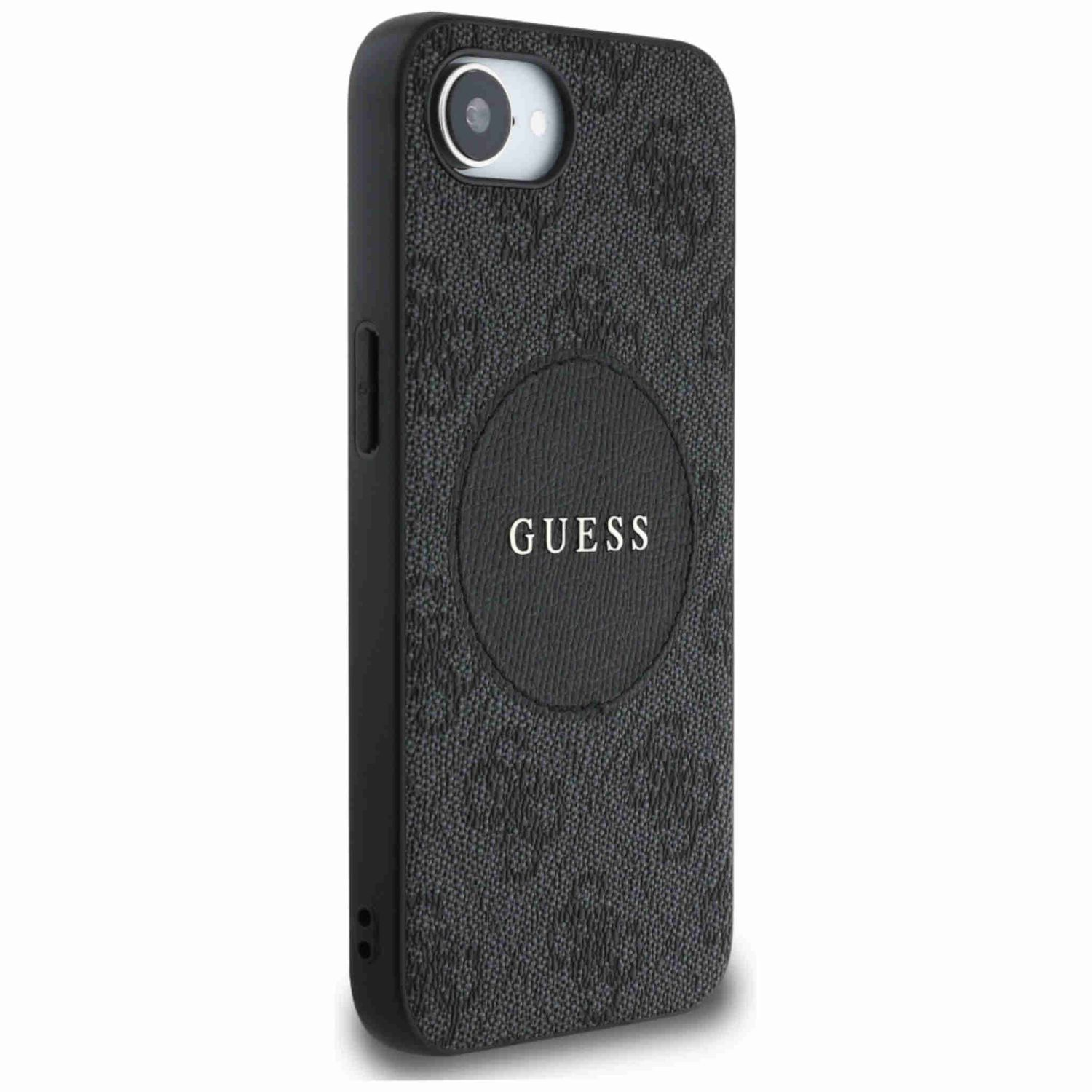 Schwarze Handyhülle mit Guess-Logo auf grauem Hintergrund.