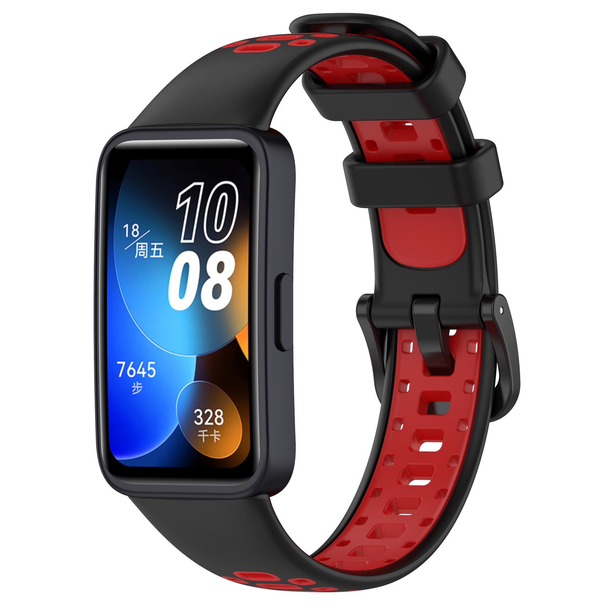 Smartwatch nero e rosso. L'orologio mostra l'ora e i passi. Cinturino nero e rosso.