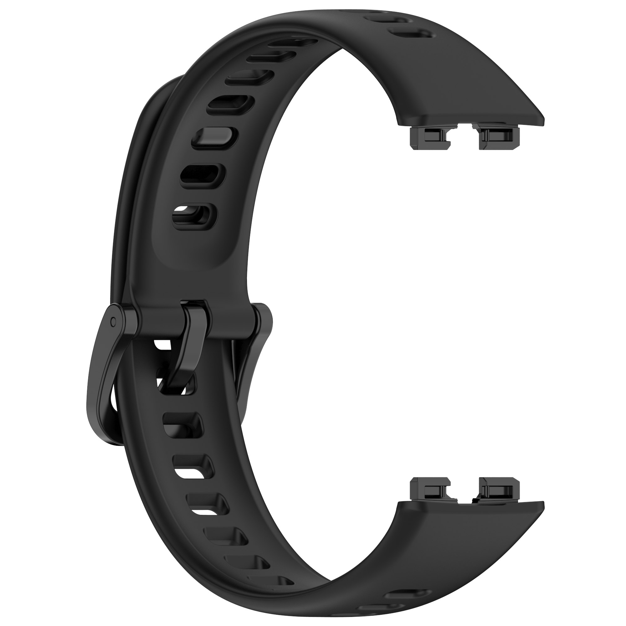 Ein schwarzes Uhrenarmband mit Schnalle und Löchern zur Einstellung. Das Band ist gebogen.