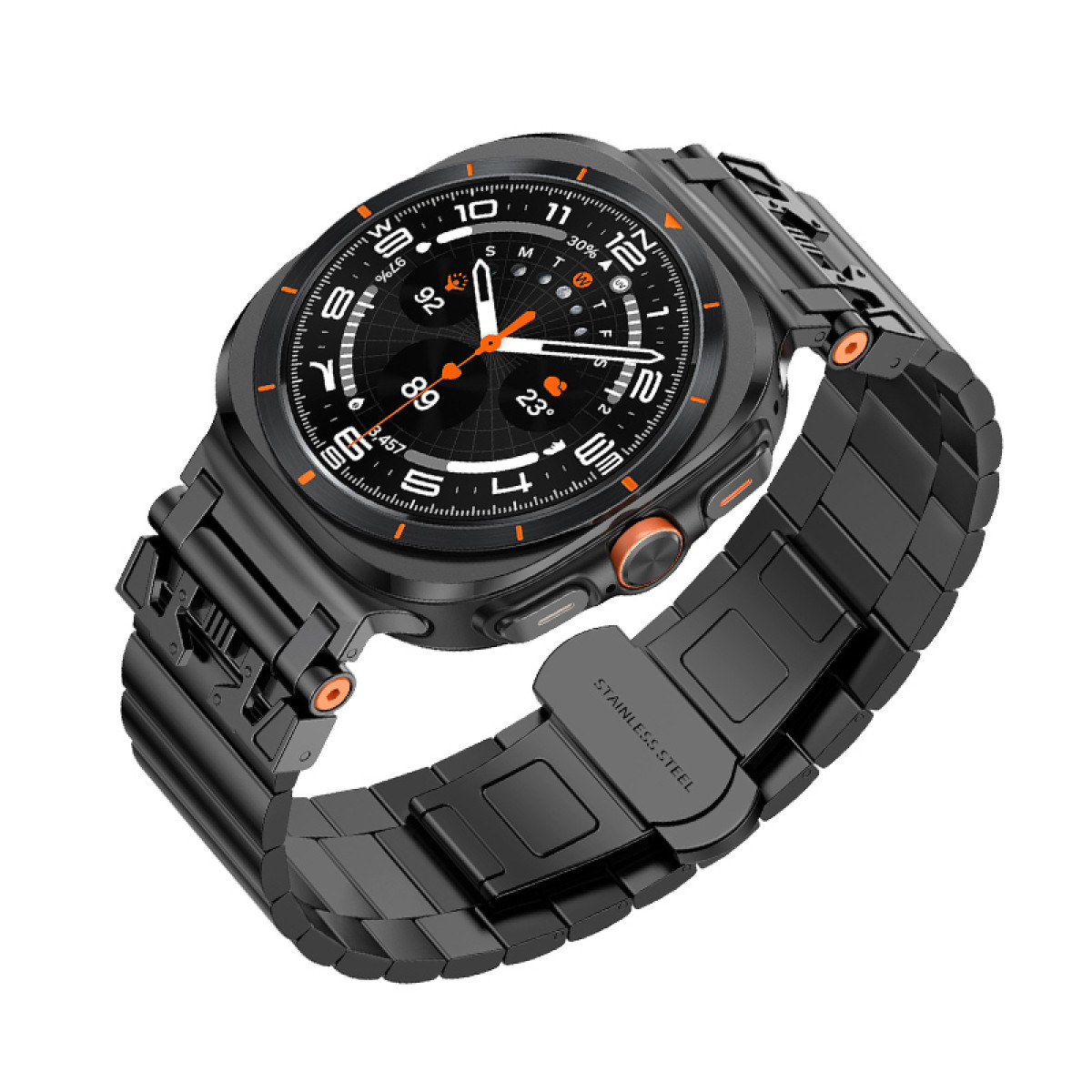 Schwarze Smartwatch mit schwarzem und metallischem Armband, Ziffernblatt.