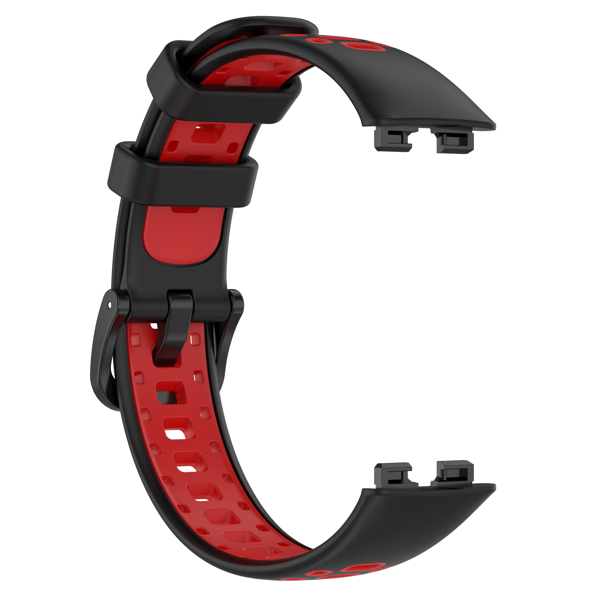Un cinturino nero e rosso. Ha un design curvo con fori e due punti di connessione.