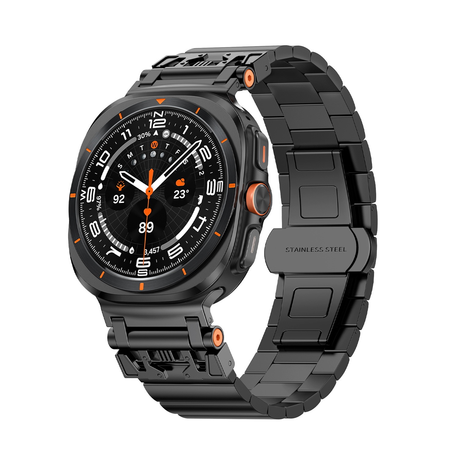 Schwarze Smartwatch mit Metallarmband. Zifferblatt zeigt Zeit, Datum und Metriken. Orange Akzente.