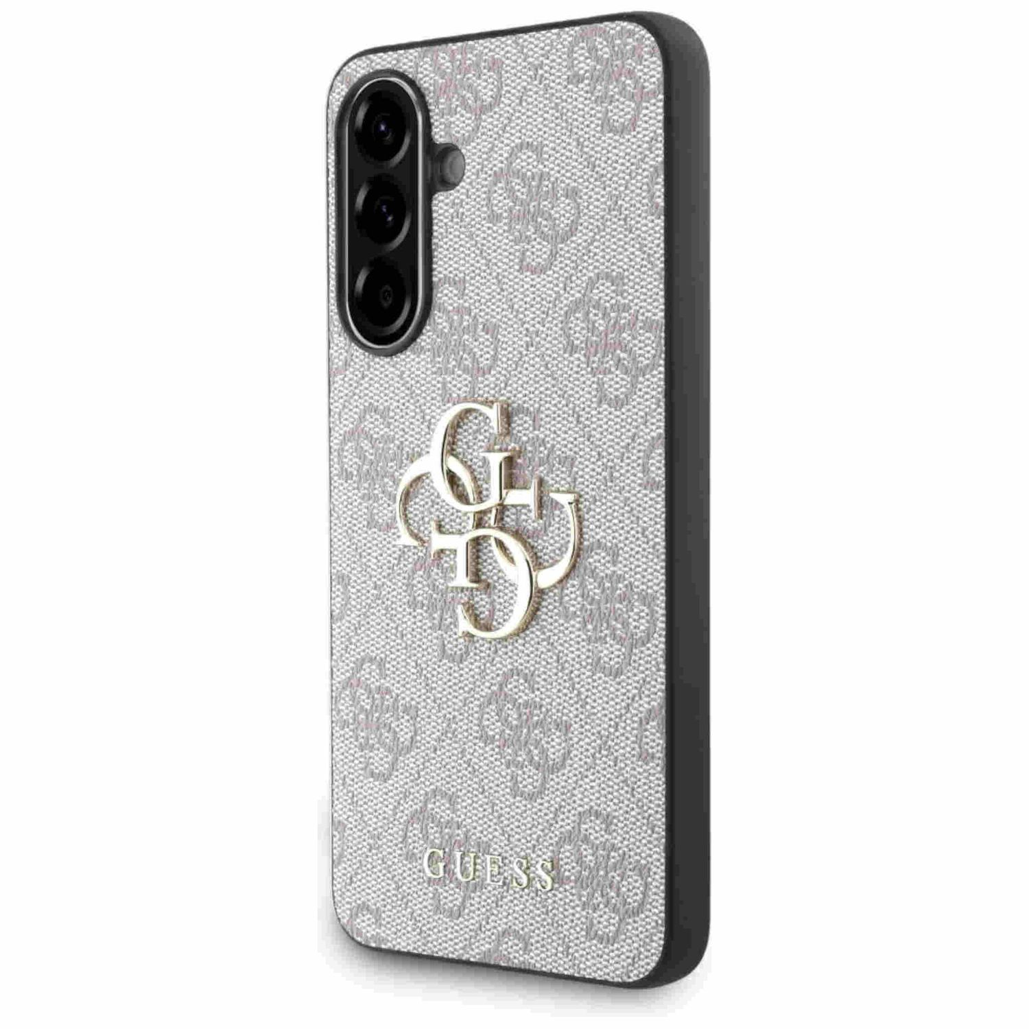 Białe etui na telefon z wzorem logo Guess i telefonem w środku.
