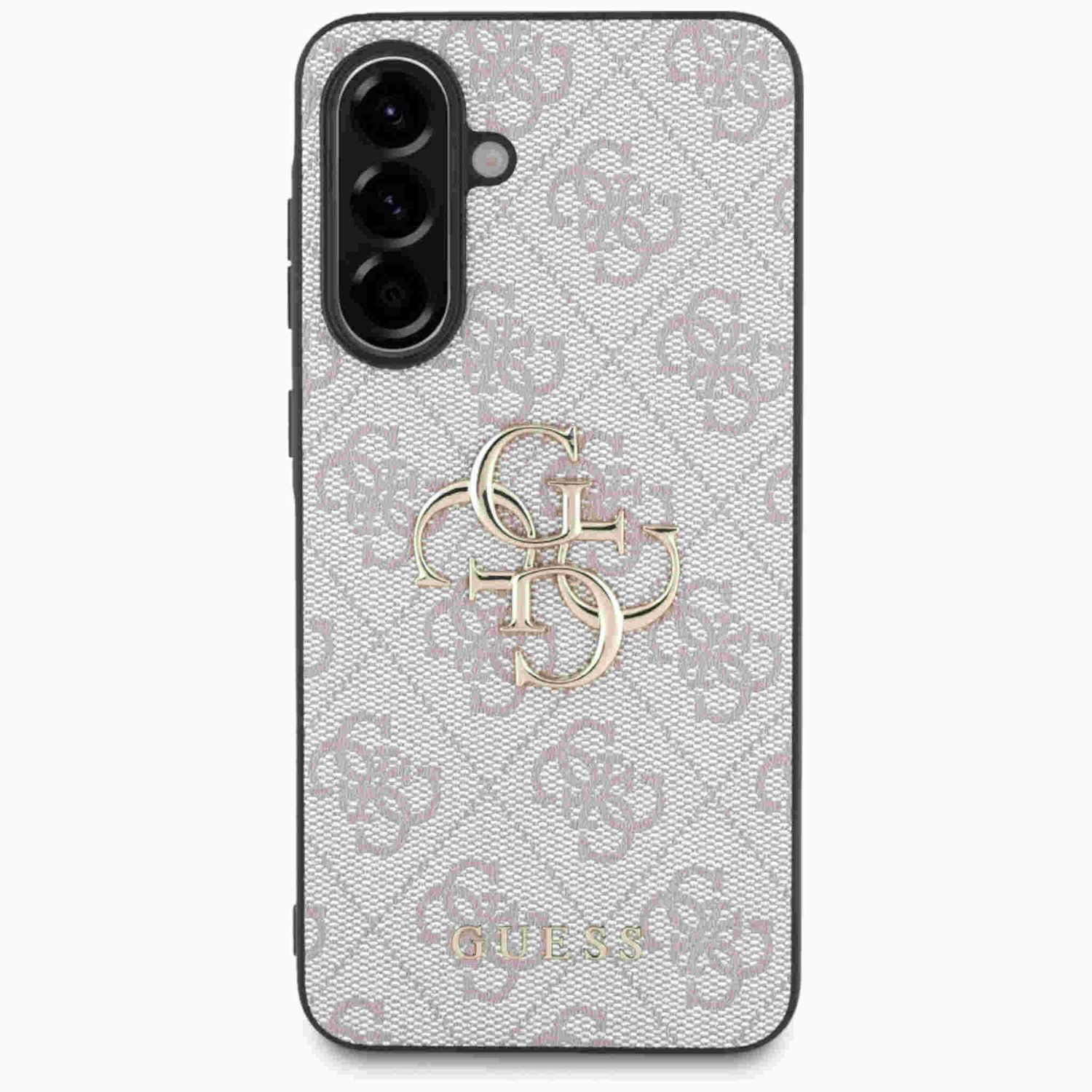 Etui na telefon z logo Guess. Etui jest białe z różowym wzorem. Telefon ma uchwyt na pierścień.