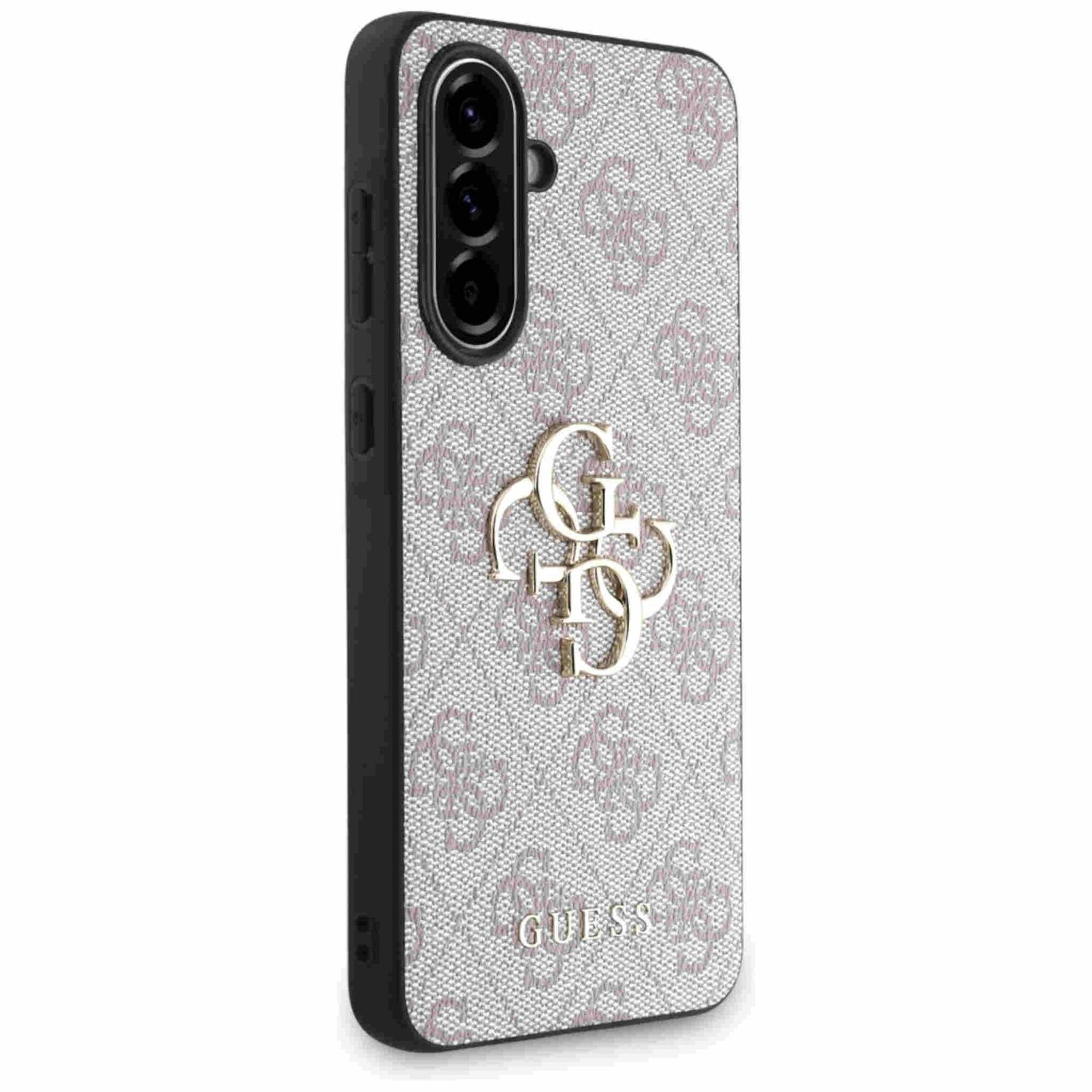 Etui na telefon z logo Guess, wzór z logo, na białym i szarym tle.