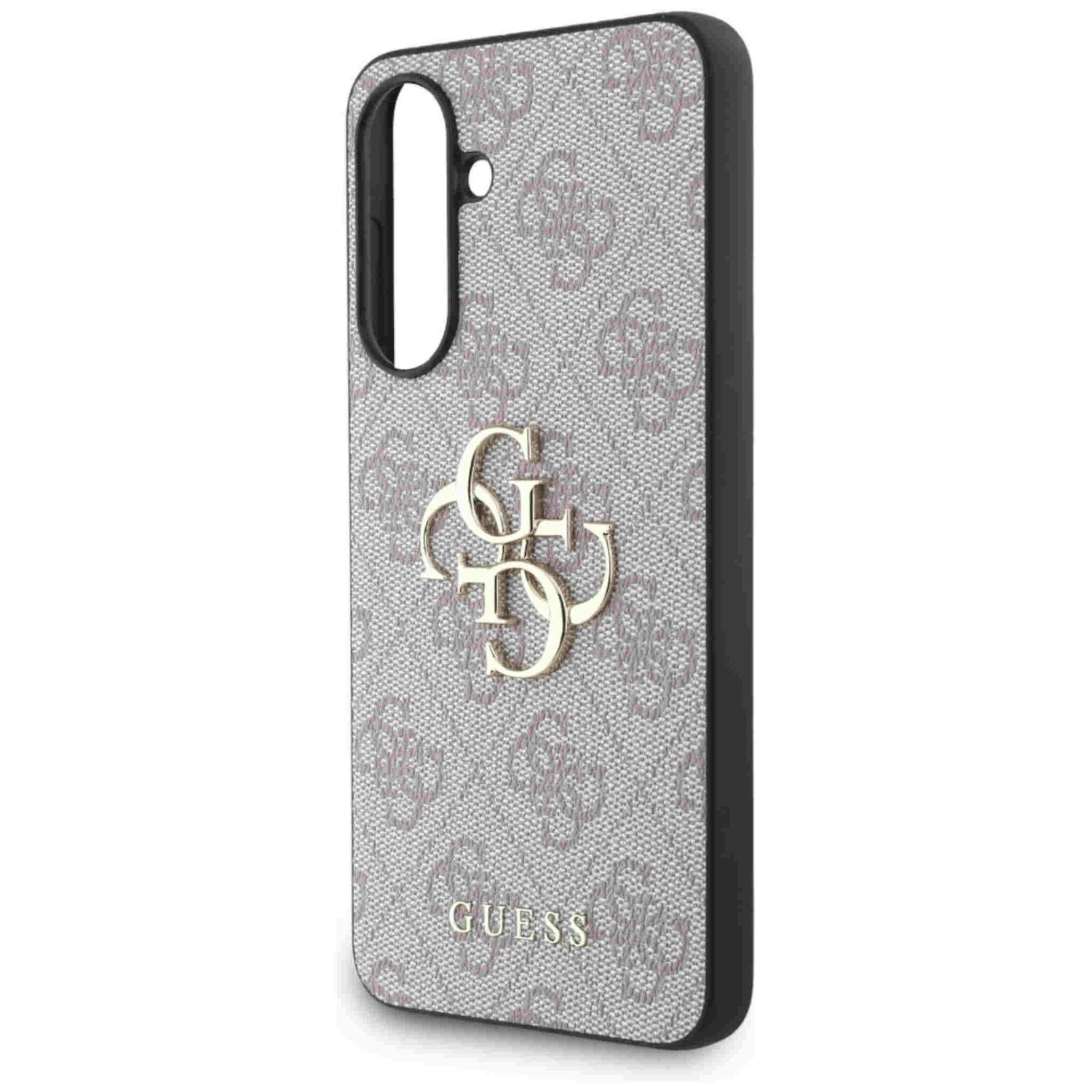 Etui na telefon z szarym wzorem i złotym logo Guess.