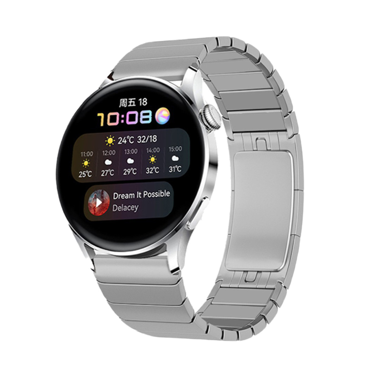 Eine silberne Smartwatch zeigt Zeit, Datum und Wetter auf rundem Bildschirm, mit Metallband.