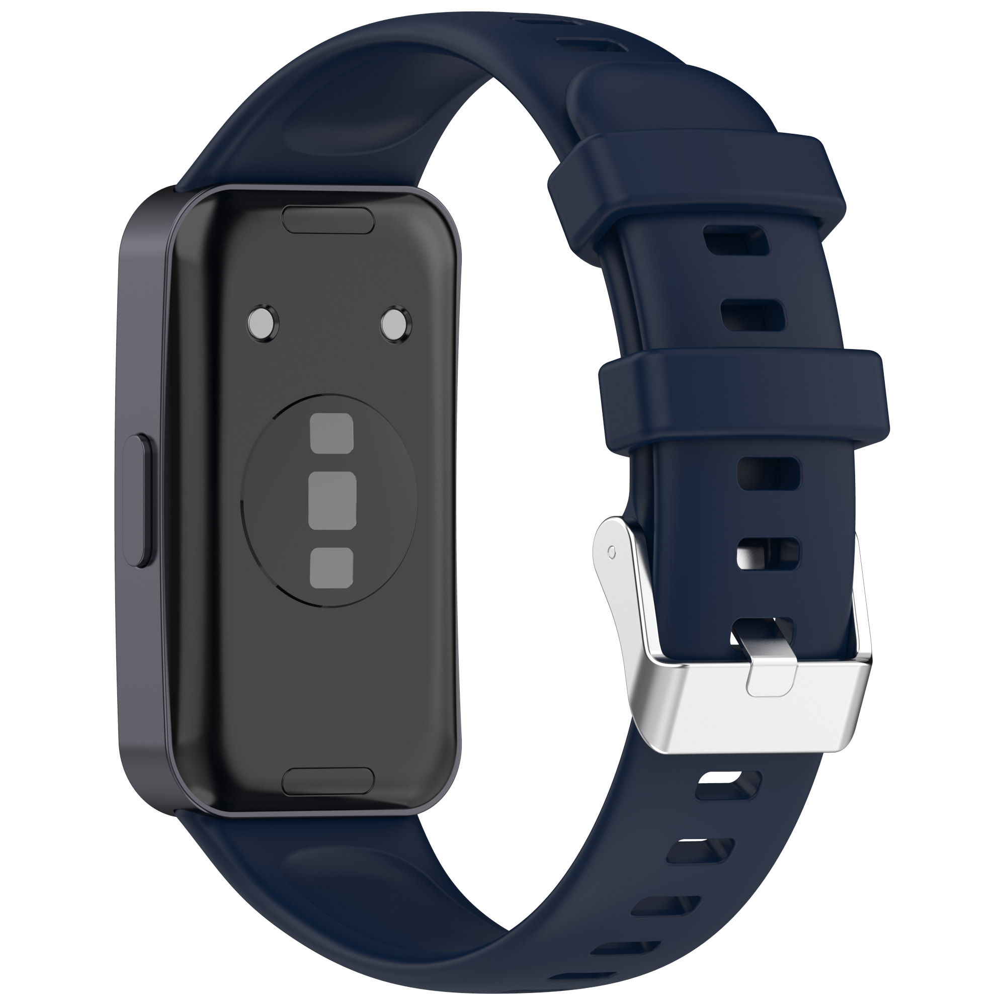 Dunkelblaues Smartwatch-Armband mit silberner Schnalle. Das Zifferblatt ist schwarz.