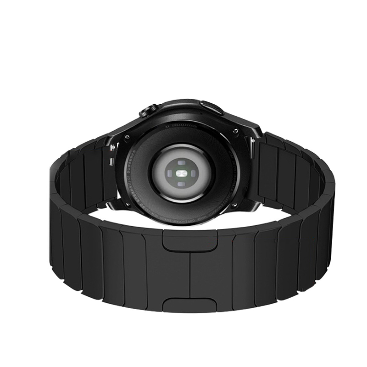 Eine schwarze Smartwatch mit Armband. Die Rückseite der Uhr zeigt Sensoren und einen Herzfrequenzmesser.