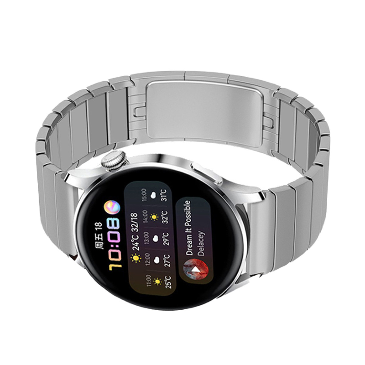 Eine silberne Smartwatch mit Metallarmband, die Zeit- und Wetterinformationen anzeigt.