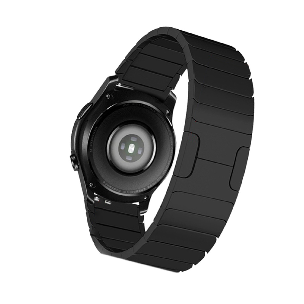 Schwarze Smartwatch mit schwarzem Metallarmband, schräge Ansicht. Zeigt die Rückseite mit Sensor.