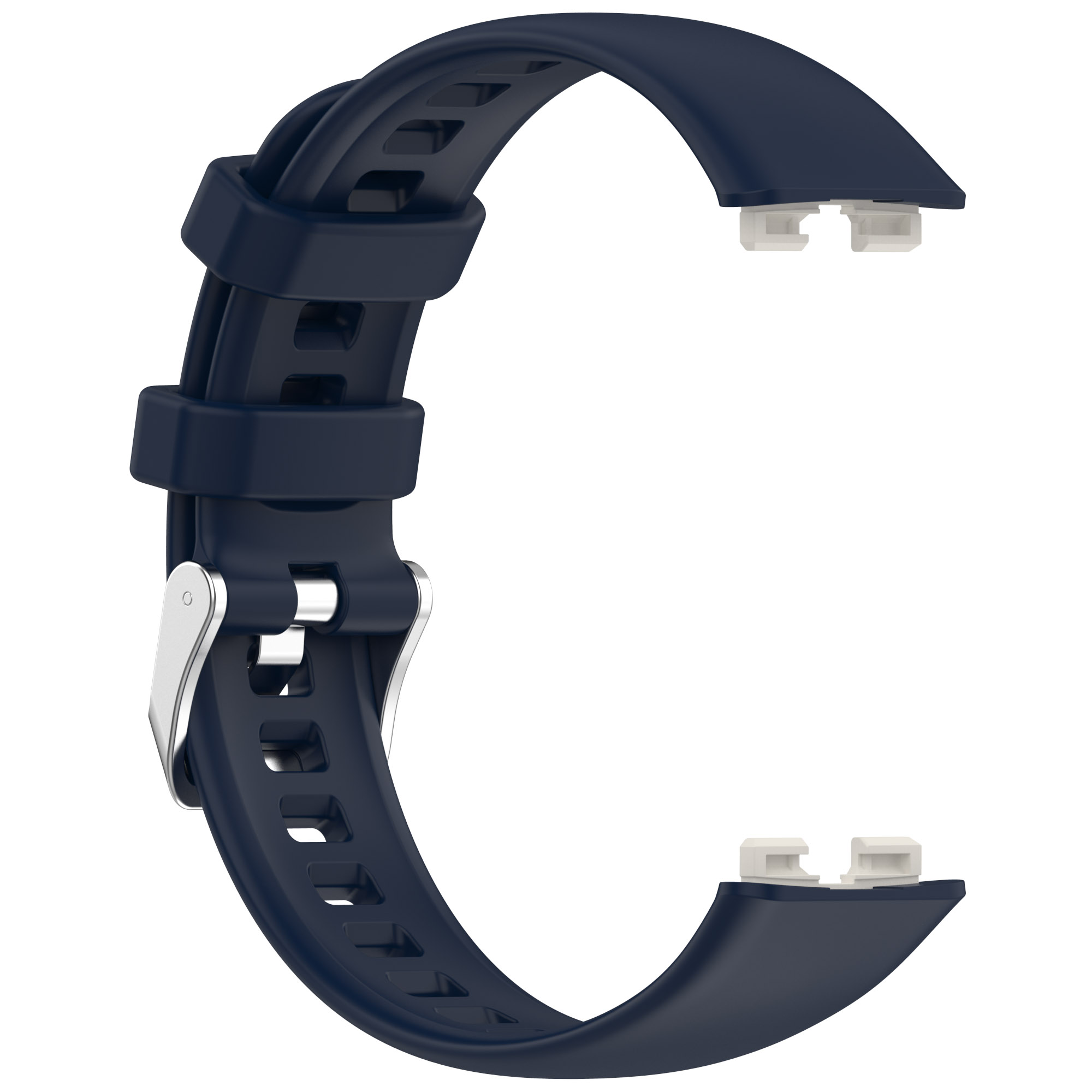 Ein dunkelblaues Uhrenarmband, offen. Hat eine silberne Schnalle und weiße Anschlüsse.