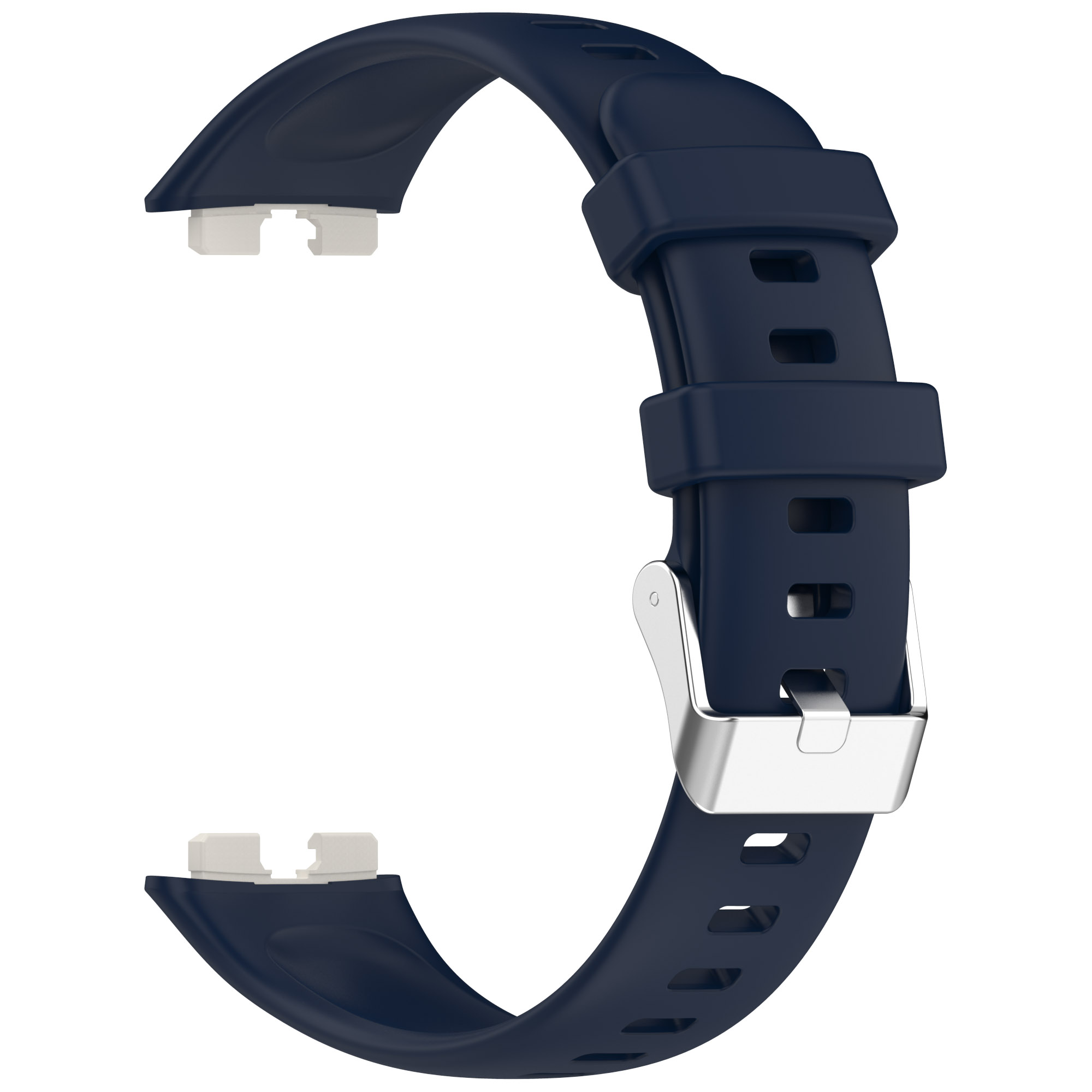 Marineblaues Uhrenarmband. Es hat eine silberne Schnalle und weiße Stecker.