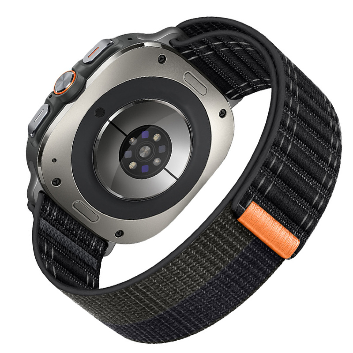Smartwatch argento e nero con cinturino nero e verde e un accento arancione sul cinturino.