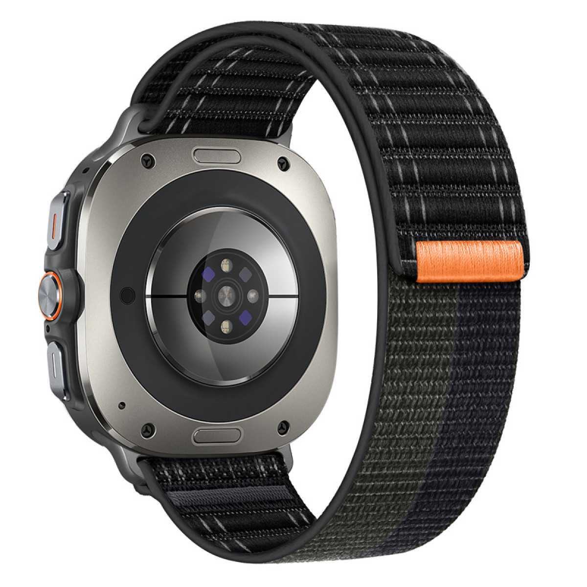 Smartwatch argento e nero, cinturino nero e arancione, vista posteriore. Orologio con cinturino nero.