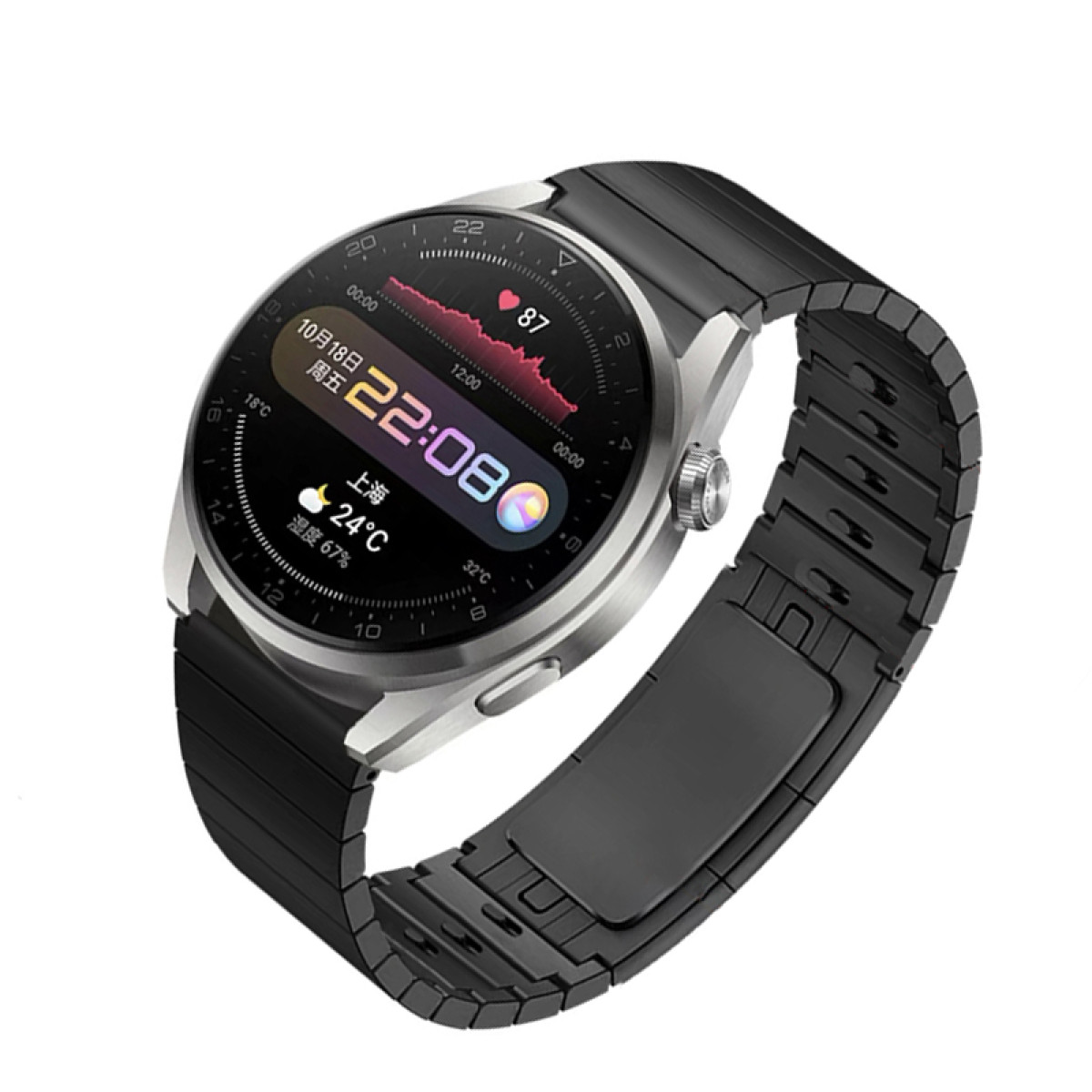 Silberne Smartwatch mit schwarzem Band, die Zeit und Gesundheitsdaten anzeigt. Die Uhr befindet sich auf weißem Hintergrund.
