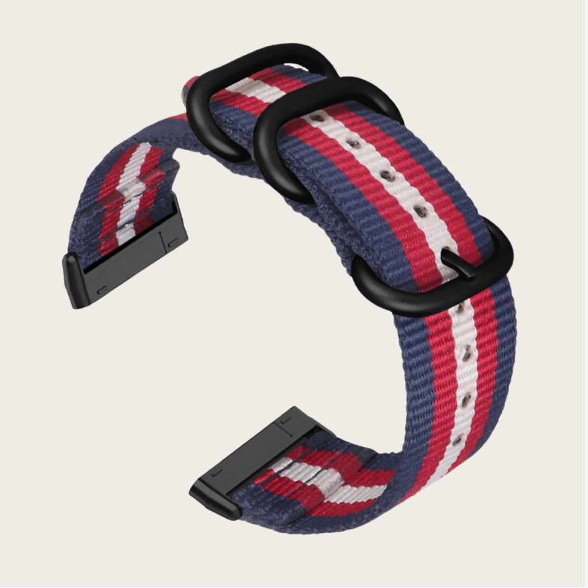 Blau, rot und weiß gestreiftes Uhrenarmband mit schwarzen Verschlüssen.