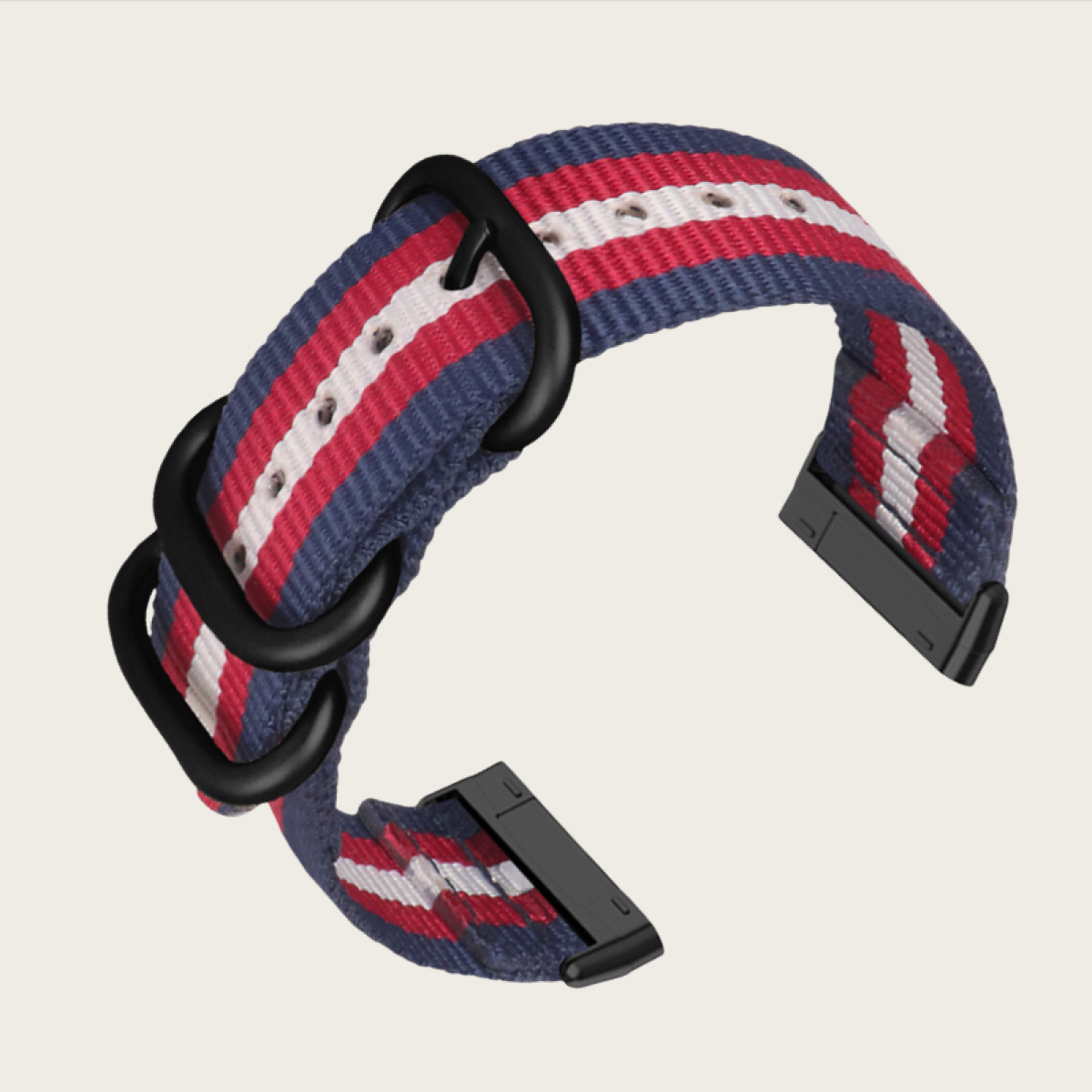Armband mit blau, weiß und roten Streifen. Schwarze Schlaufen und Verbinder zur Befestigung.