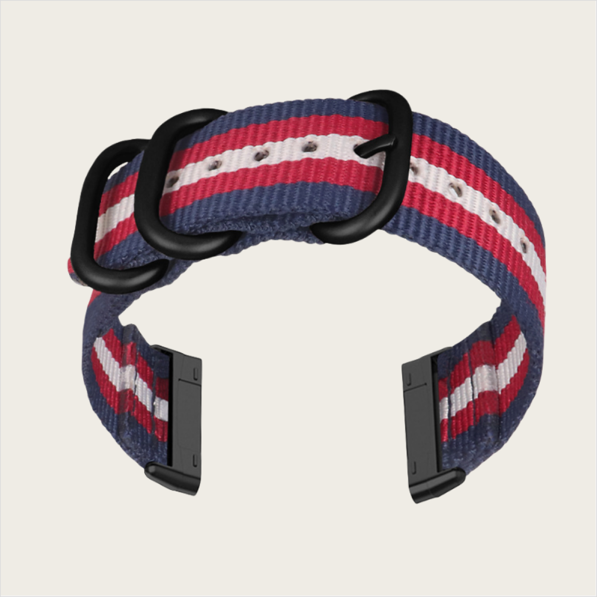 Uhrenarmband mit blauen, roten und weißen Streifen und schwarzen Metallschlaufen.