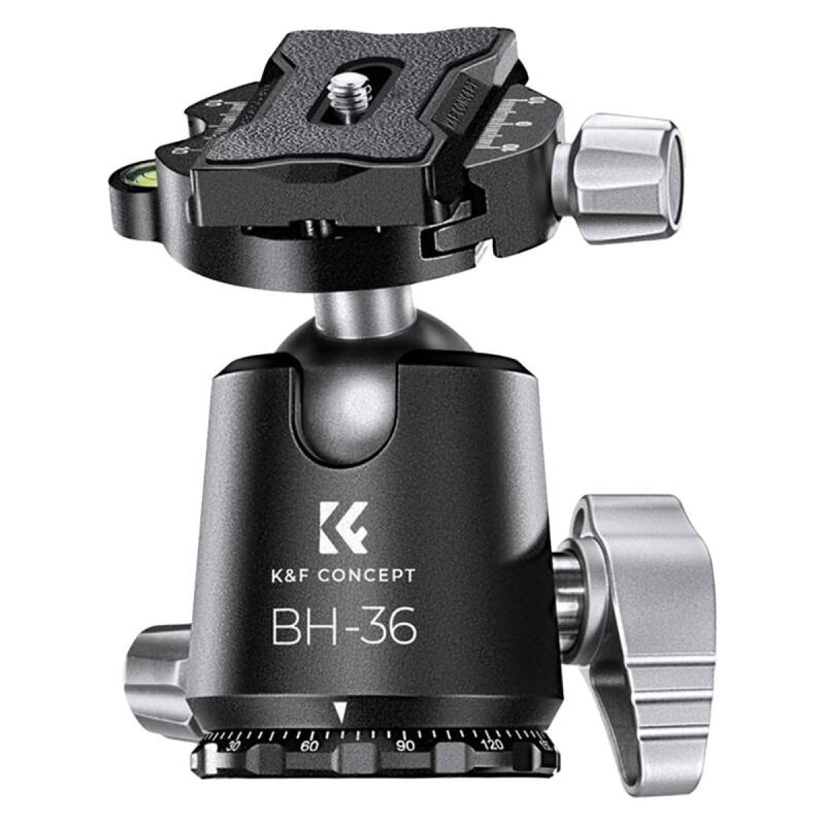Testa a sfera nera e argento con logo K&F Concept.