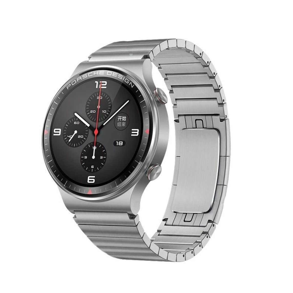 Silberne Uhr mit schwarzem Zifferblatt und silbernem Armband, weißer Hintergrund.