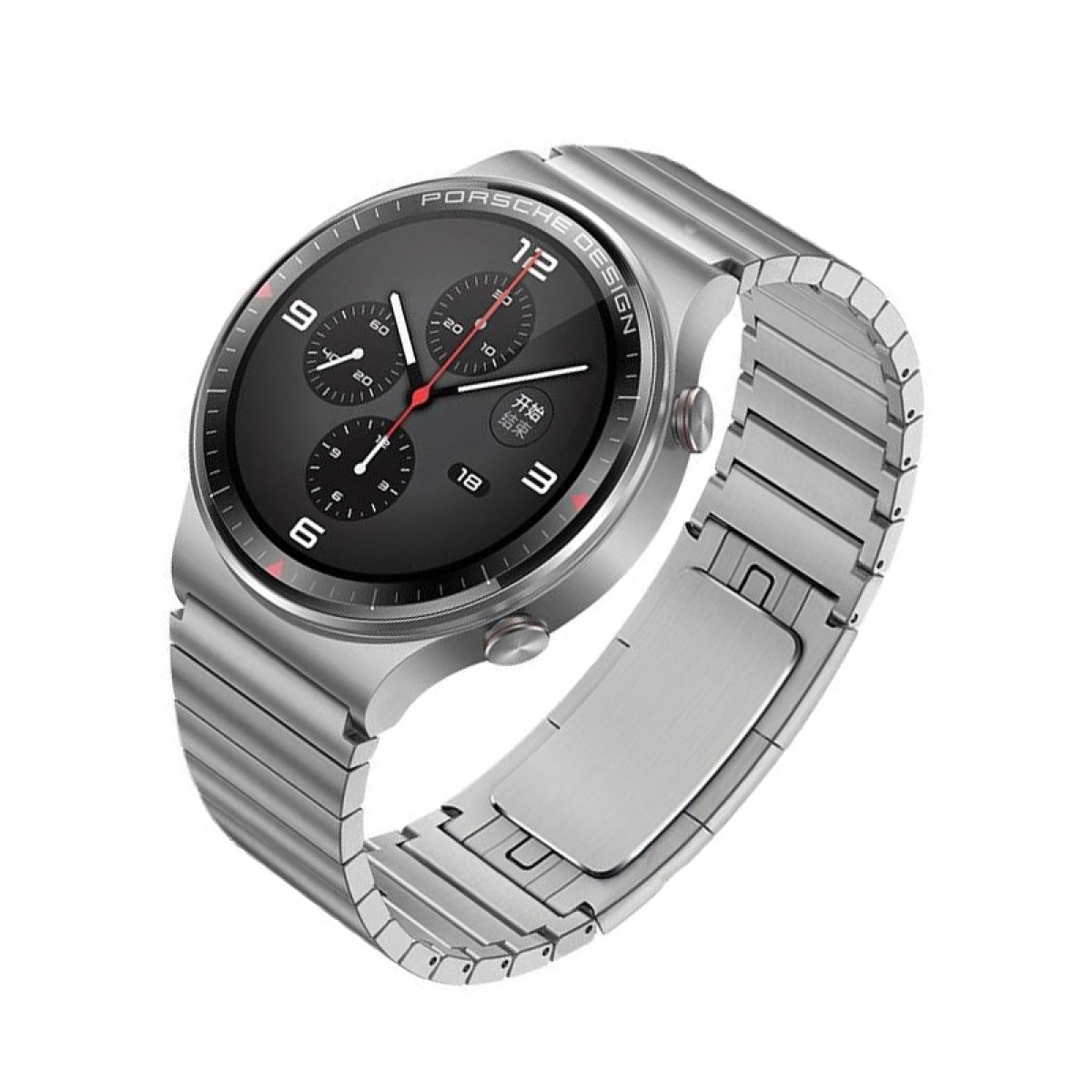 Silberne Porsche Design Smartwatch mit schwarzem Zifferblatt, auf weißem Hintergrund.