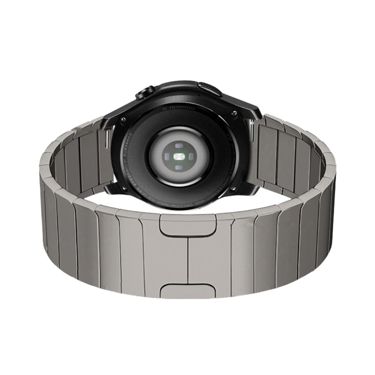 Schwarze Smartwatch mit Metallband, Unteransicht, zeigt Sensoren und Banddetails.
