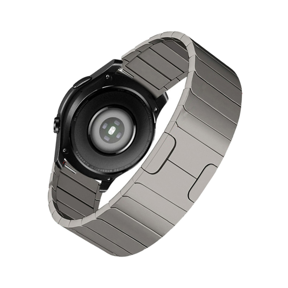 Die Rückseite einer Smartwatch mit angebrachtem Metallarmband.
