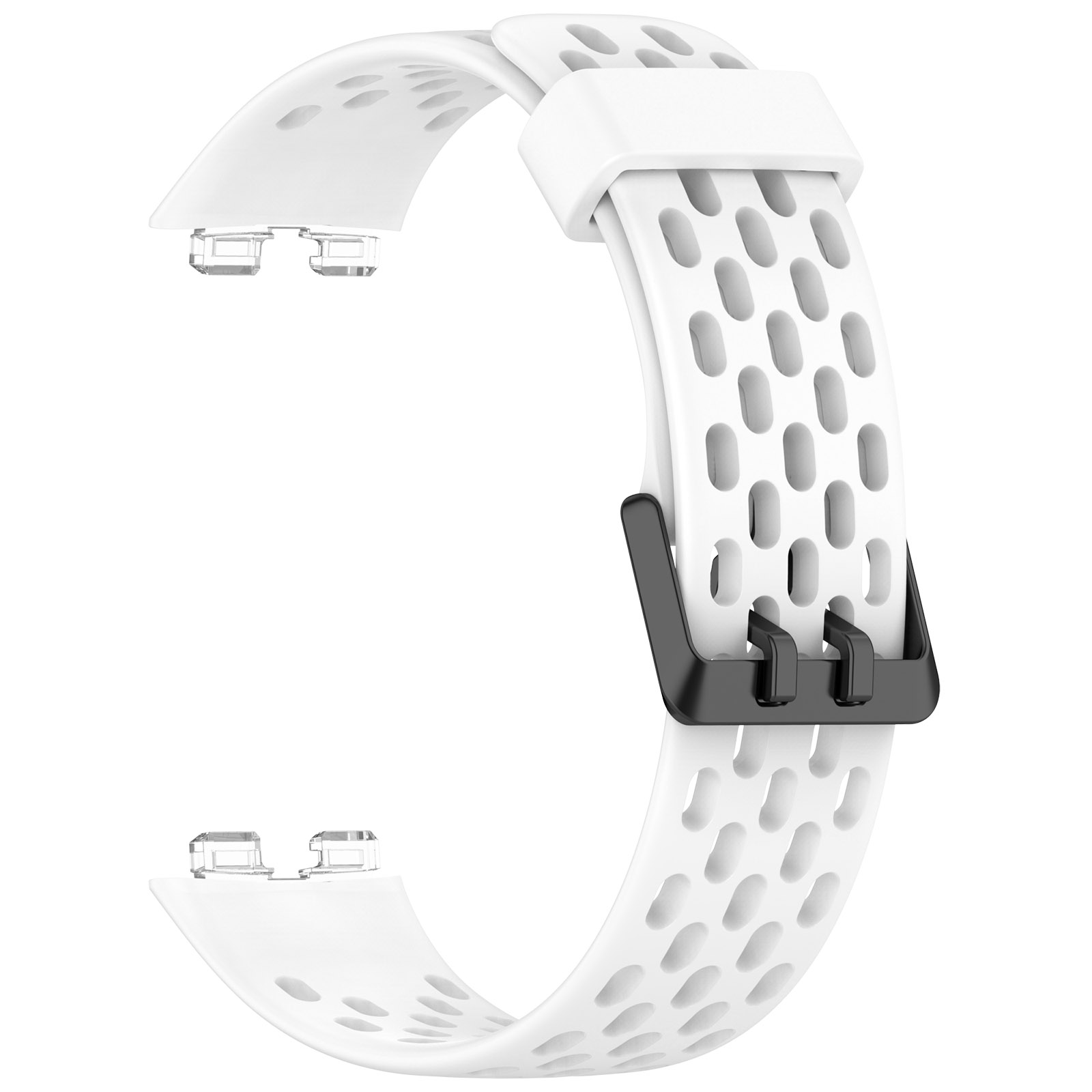 Weißes Smartwatch-Armband mit schwarzer Schnalle. Das Armband hat viele kleine Löcher zur Belüftung.