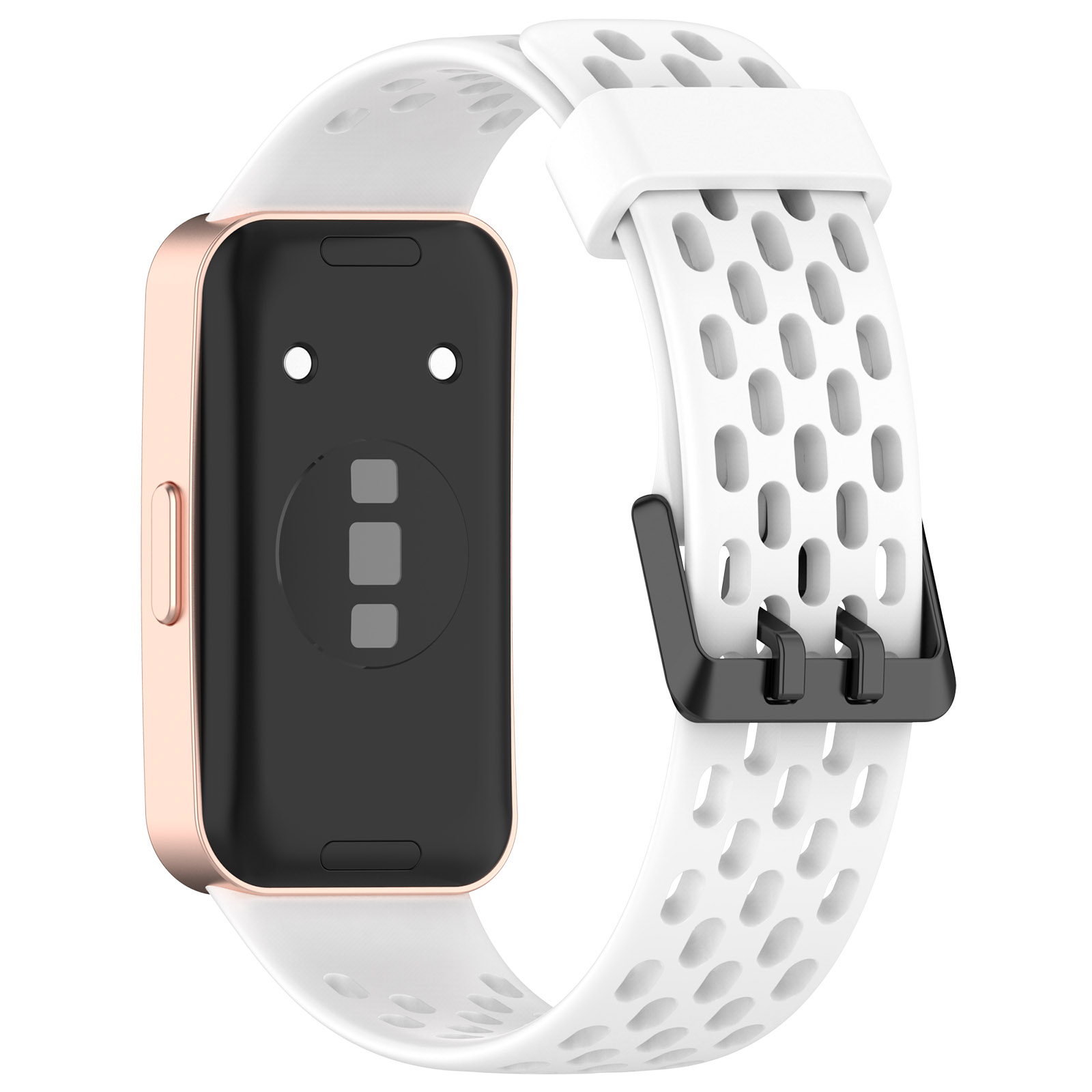 Eine weiße Smartwatch mit weißem Armband und schwarzer Schnalle. Die Uhr ist neu.