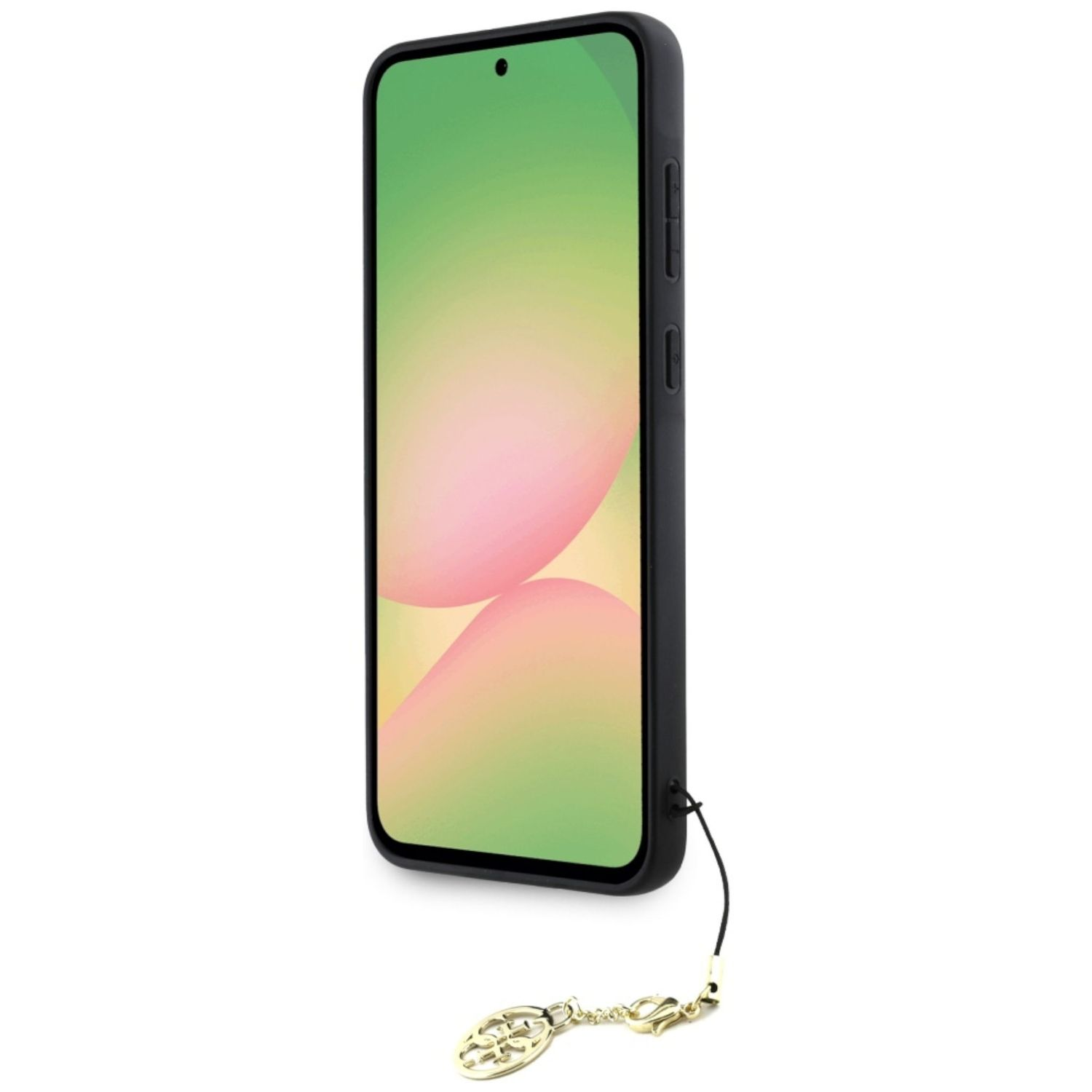 Telefon w czarnym etui wyświetlający kolorowy gradient. Do etui przymocowany jest złoty charms.