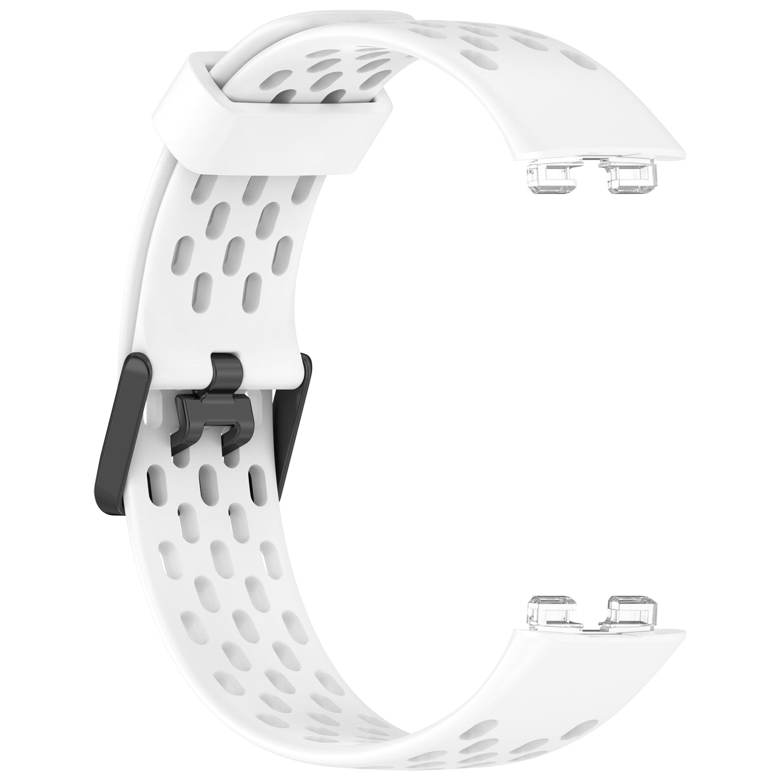 Ein weißes Uhrenarmband mit schwarzer Schnalle und perforiertem Design vor weißem Hintergrund.